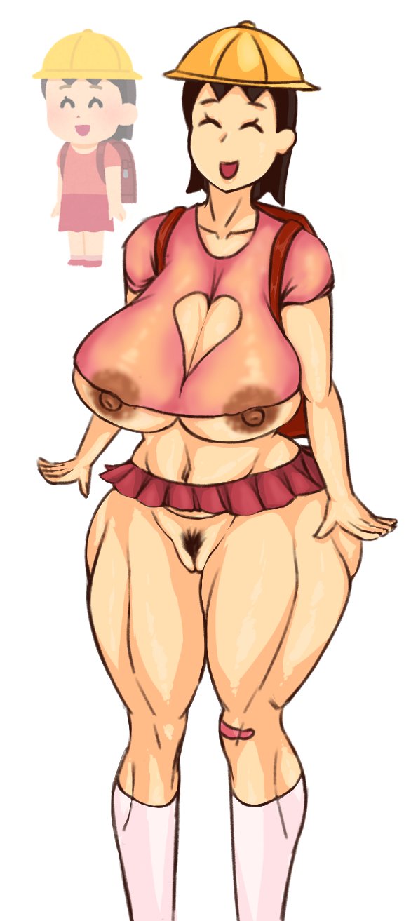 1girls, backpack, big breasts, breasts, cleavage, cleavage cutout, female, female only, functionally nude, functionally nude female, hat, heart-shaped cleavage window, huge breasts, irasutoya, mature female, microskirt, mig3120, milf, muscular thighs, nipples, nipples visible through clothing, pubic hair, pussy, reference image, thick thighs, thighhighs, uncensored, useless clothing, wide hips, yellow hat