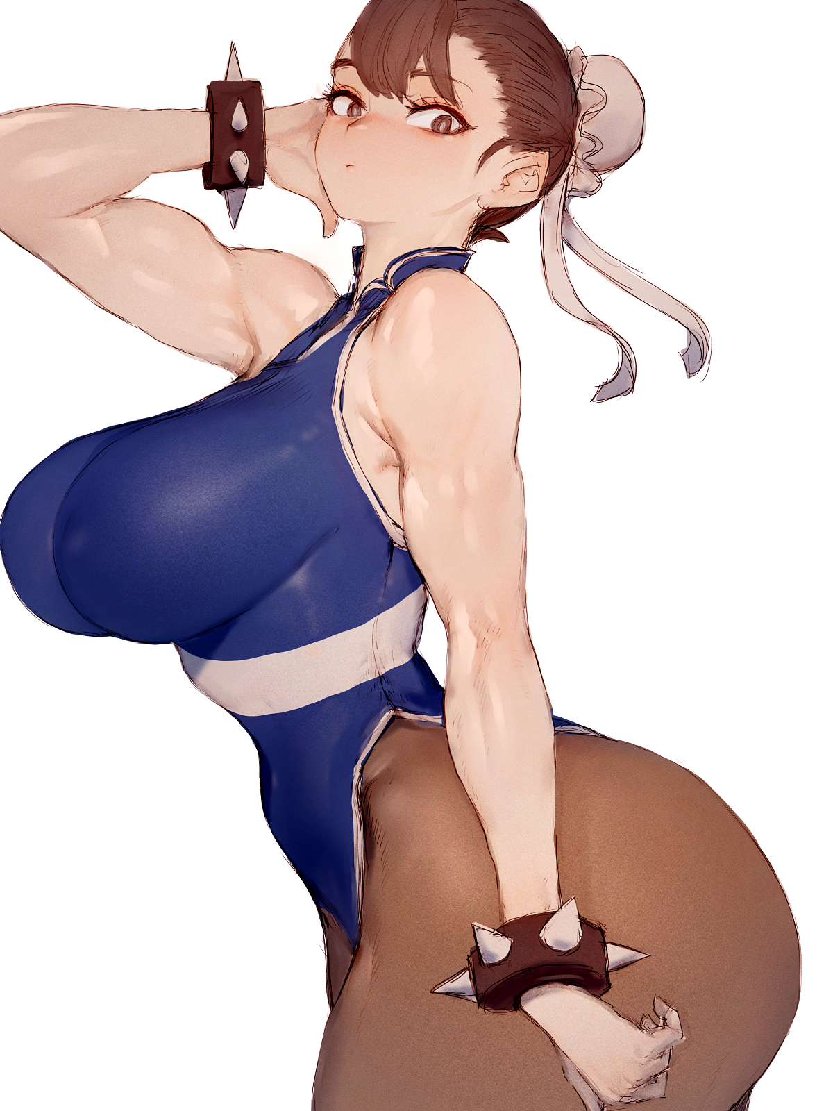 ass, bare shoulders, brown eyes, brown hair, chun-li, fat ass, female, female only, fumio (rsqkr), huge ass, huge breasts, muscles, short hair, simple background, spiked bracelet, street fighter, street fighter ii, thick ass, thick thighs, white background