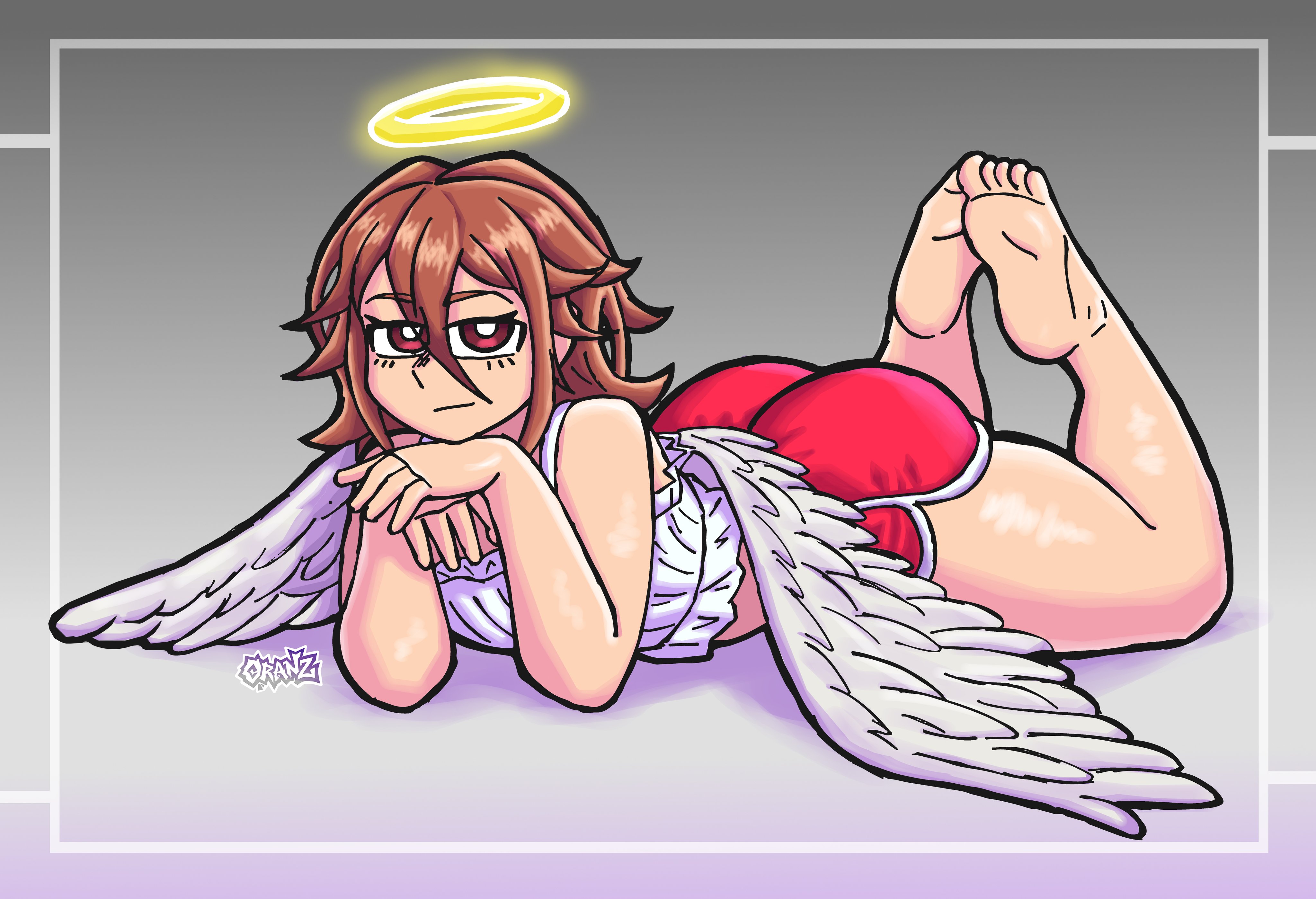 1boy, androgynous, angel devil (chainsaw man), angel wings, booty shorts, chainsaw man, feet, femboy, oranzart, sfw, soles, yaoi