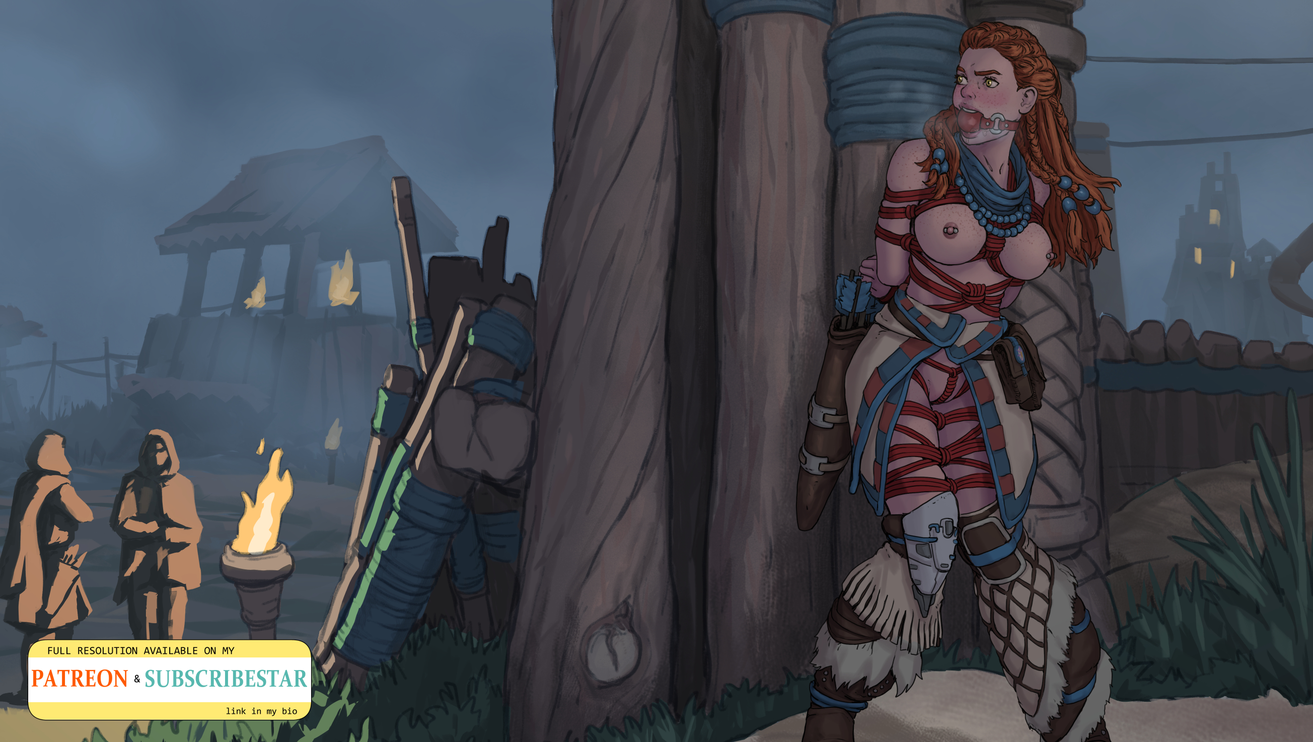 aloy, ball gag, bondage, gag, gagged, horizon zero dawn, marbus1000, outdoors, restrained, rope bondage