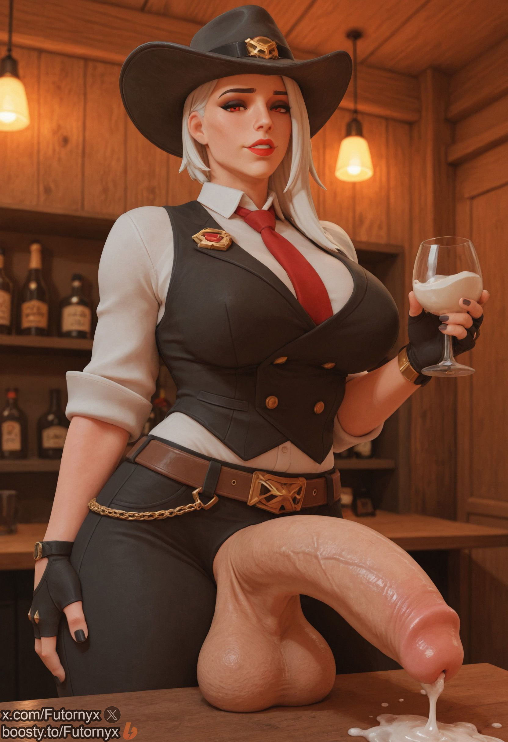 1futa, ai generated, ashe (overwatch), balls, boosty, boosty username, breasts, cum, dickgirl, futanari, futornyx, glass of cum, hat, huge breasts, huge cock, intersex, large breasts, large testicles, overwatch, overwatch 2, penis, red eyes, solo, testicles, twitter username, veiny penis, white hair, wide hips