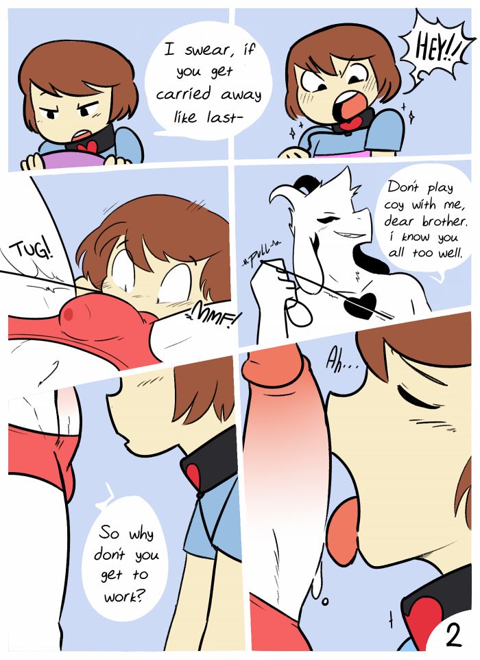 2boys, asriel dreemurr, asriel dreemurr (god form), caprine, collar, comic, dialogue, fellatio, frisk, gay, interspecies, licking, male, male only, tagme, text, undertale, yaoi
