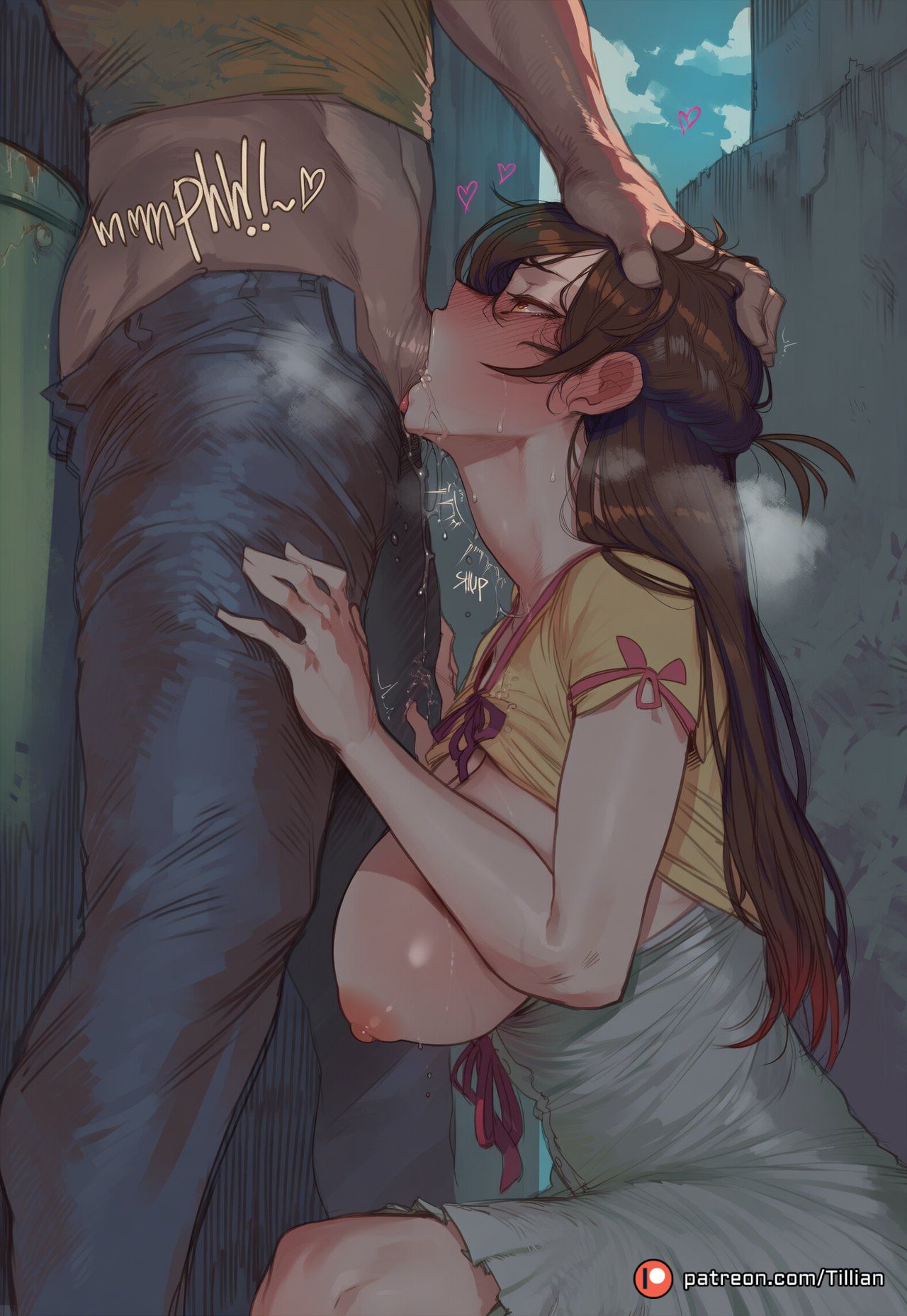1boy, ai generated, alley, blush, breasts, breasts out, brown eyes, brown hair, cum, dark-skinned male, deepthroat, dress, erection, fellatio, female, from side, hand on another's head, head grab, heart, irrumatio, kanojo okarishimasu, kneeling, large breasts, long hair, male, mizuhara chizuru, nipples, oral, outdoors, pants, patreon logo, patreon username, penis, saliva, solo focus, squatting, stealth sex, straight, sweat, tillian, tongue, uncensored, yellow shirt