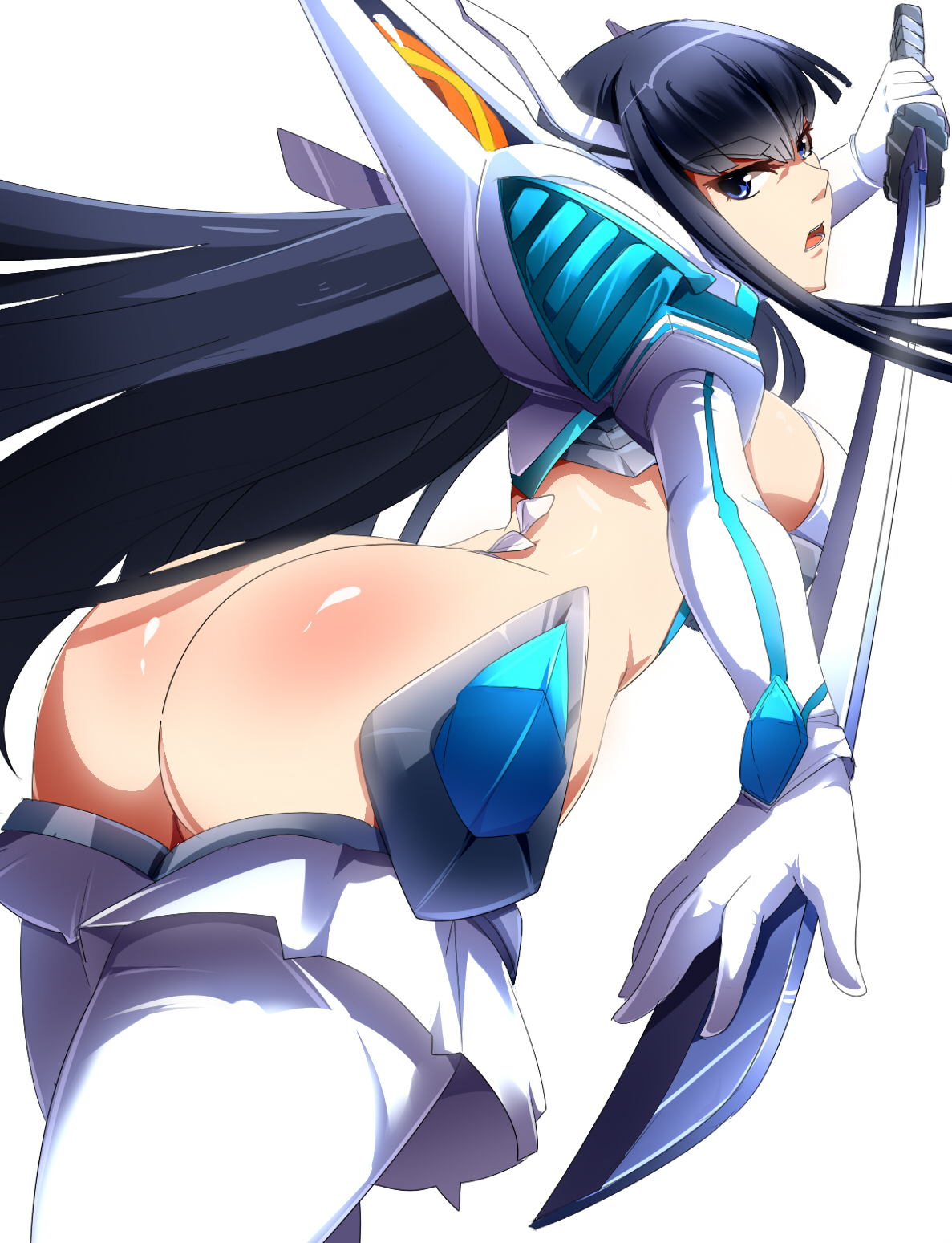 armor, ass, black hair, blue eyes, female, huge ass, junketsu, kill la kill, kiryuuin satsuki, long hair, looking at viewer, looking back, thong, white background