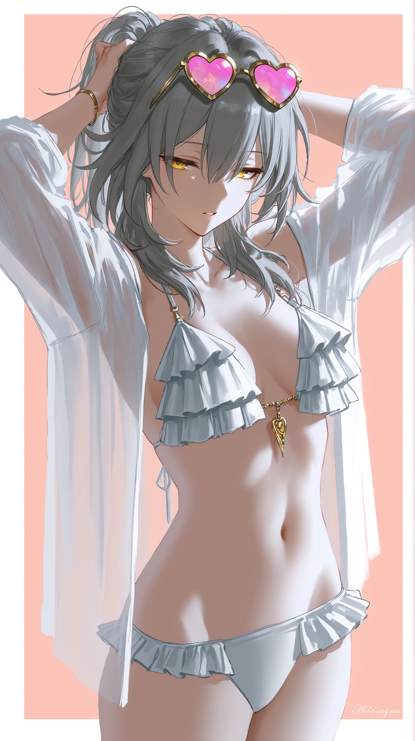 1girls, ai, ai art, ai generated, armpits, bikini, female, grey hair, honkai: star rail, hoyoverse, long hair, mihoyo, ponytail, stelle (honkai: star rail), sunglasses, sunglasses on head, swimsuit, white swimsuit, yellow eyes