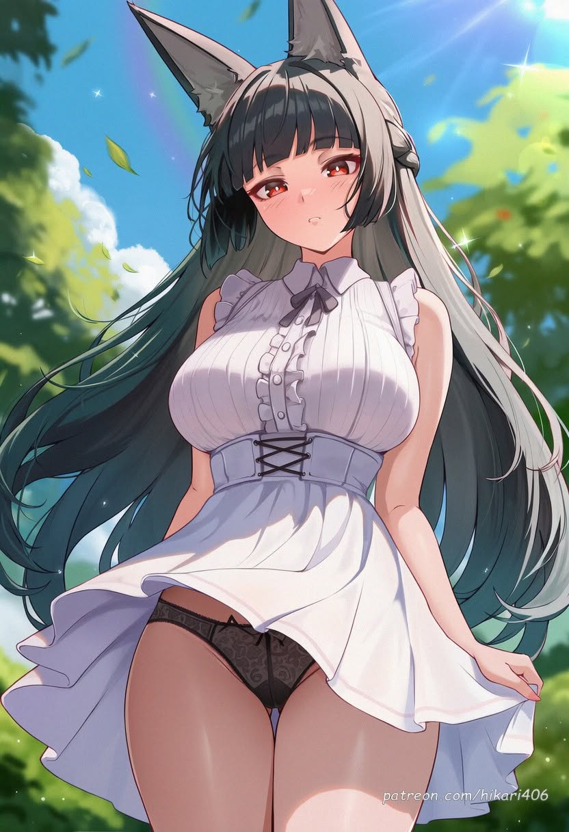 ai generated, animal ear fluff, animal ears, ass visible through thighs, bare arms, bare shoulders, black hair, black panties, blue sky, blunt bangs, blurry, blush, breasts, center frills, clothes lift, collared dress, cowboy shot, day, dress, female, fox ears, frills, hikari406, hoshimi miyabi, large breasts, leaf, long hair, looking at viewer, outdoors, panties, parted lips, red eyes, sky, sleeveless, sleeveless dress, solo, standing, thigh gap, thighs, uncensored, underwear, white dress, wind, wind lift, zenless zone zero