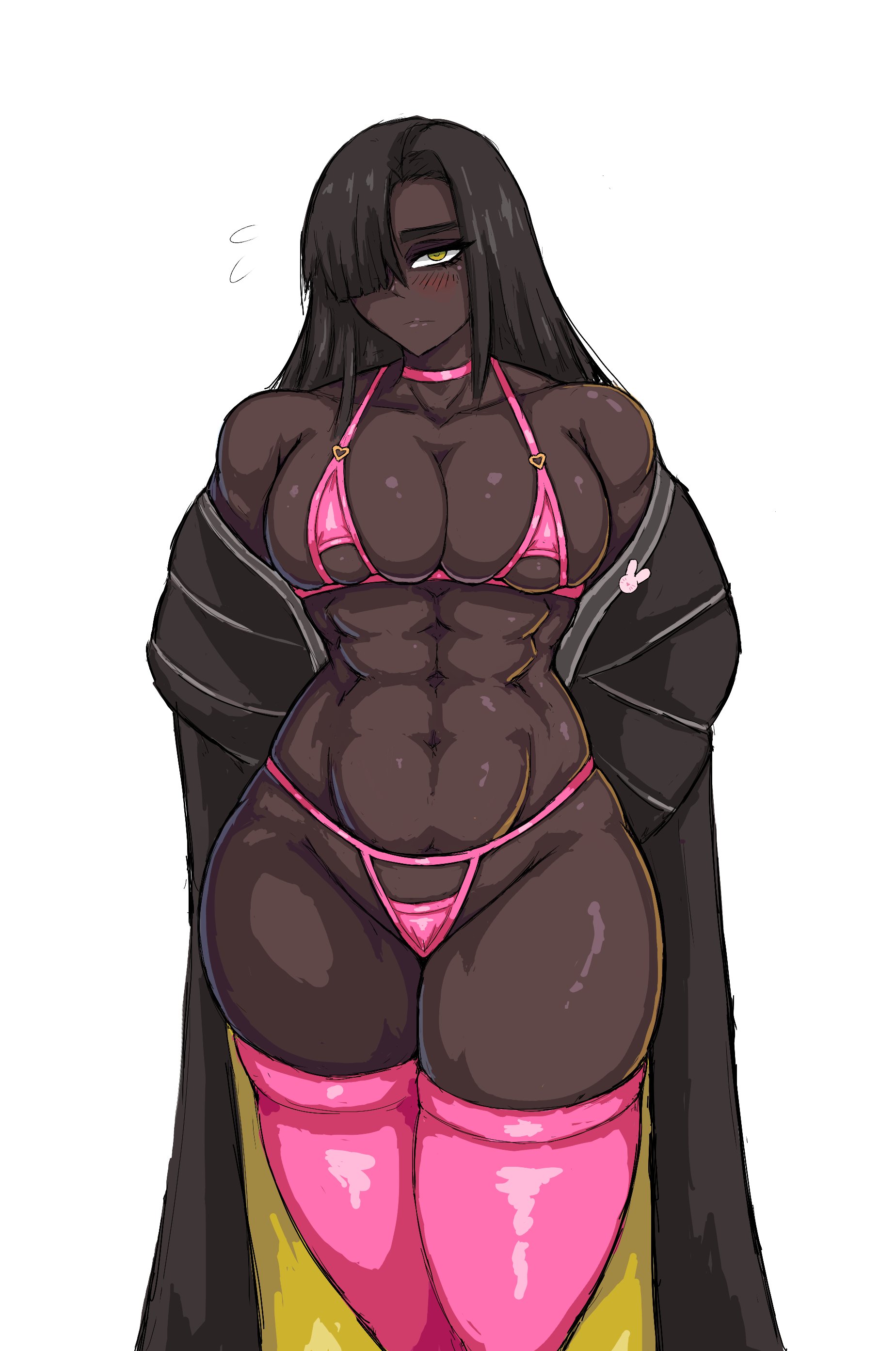 1girls, abs, big breasts, breasts, dark-skinned female, fat thighs, female, female only, human, limbus company, lingerie, lingerie pink, littleteze, muscular, muscular female, project moon, skimpy, solo, solo female, standing, zilu (limbus company)