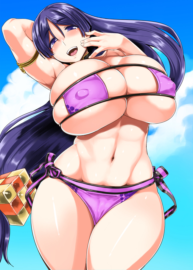 1girls, armlet, bikini, breasts, bursting breasts, cleavage, curvy, eyepatch bikini, fate (series), fate/grand order, female, hand behind head, huge breasts, long hair, minamoto no raikou (fate/grand order), navel, nipple bulge, purple eyes, purple hair, sky, solo, tabigarasu (mahjong yuugen gaisha 58), thick thighs, tight clothing