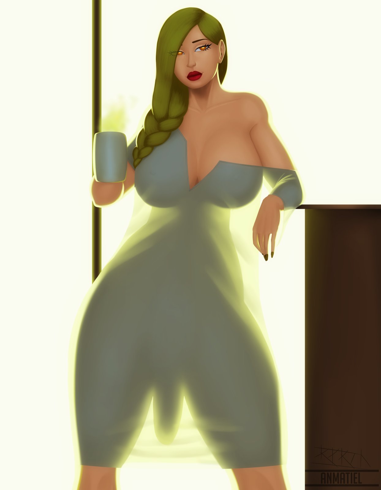 1futa, 2025, aergha (anmatiel), anmatiel, big breasts, big penis, blonde hair, breasts, clothed, clothing, coffee, coffee mug, elf, elf futa, eyes visible through hair, futa only, futanari, glowing eyes, intersex, lipstick, makeup, orange eyes, original, original character, pale skin, pale-skinned futa, penis, penis silhouette, penis under clothes, red lipstick, tagme, watermark