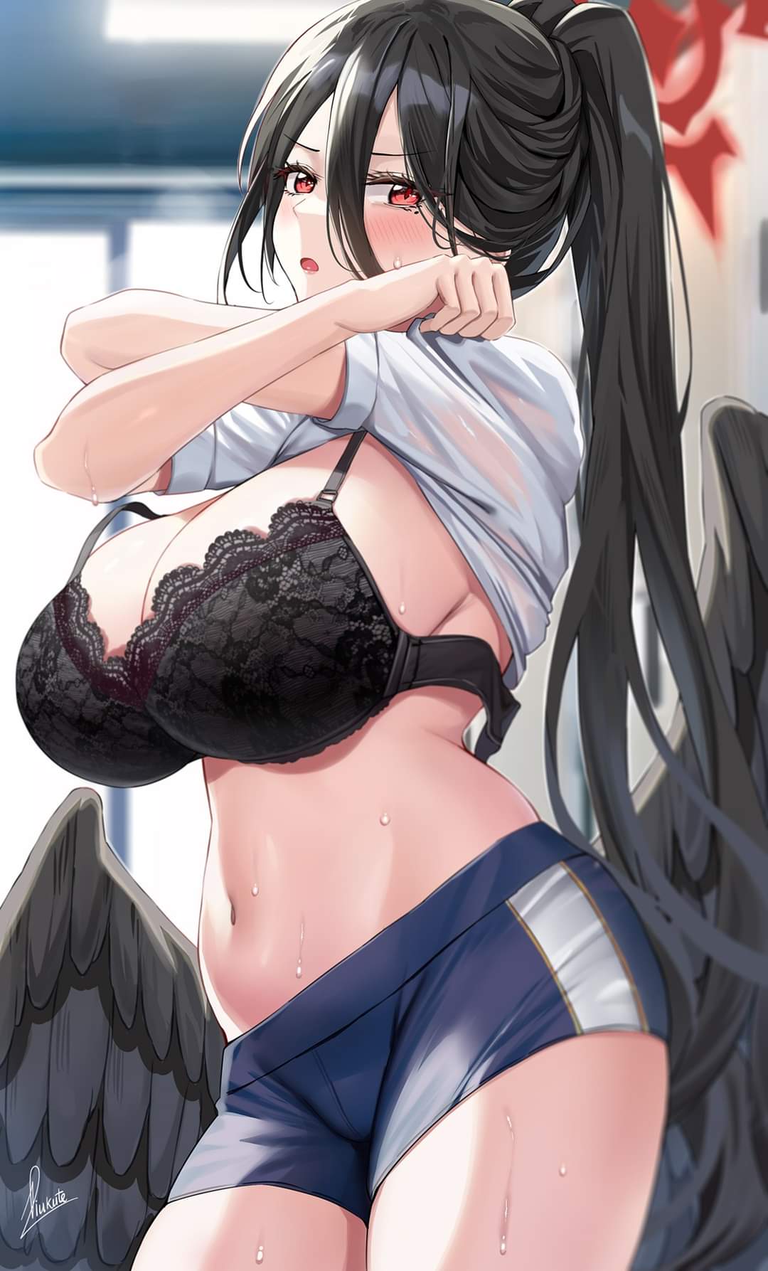 1girls, artist request, big breasts, blue archive, breasts, dolphin shorts, feathers, female, female only, gym uniform, halo, hasumi (blue archive), hasumi (gym uniform) (blue archive), lingerie, ponytail, sideboob, soaked clothes, sweaty body, taking clothes off, taking off bra, trinity general school student, wings