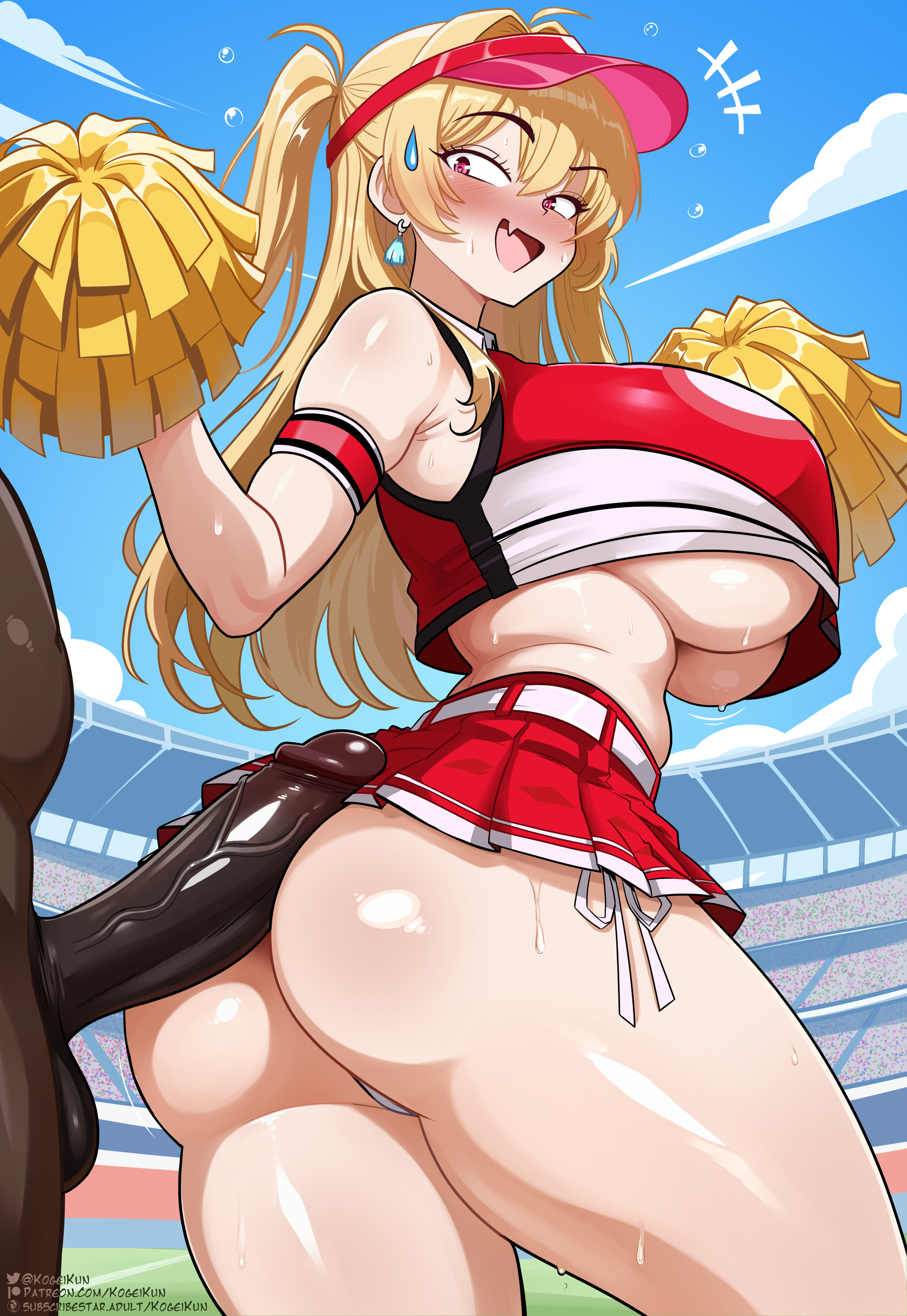 1boy, 1girls, ass, balls, big breasts, blonde hair, blush, breasts, cheerleader, cheerleader outfit, cheerleader uniform, clay (nikke), clothed, clothed female, clothed female nude male, clothing, completely nude, completely nude male, dark skin, dark-skinned male, ear piercing, earrings, embarrassed, female, goddess of victory: nikke, huge breasts, huge cock, imminent sex, interracial, kogeikun, long hair, looking at viewer, male, male/female, miniskirt, nude, nude male, open mouth, open smile, penis, pierced ears, piercing, piercings, pom pom (cheerleading), pom pom (clothes), pom poms, red eyes, skirt, surprised, surprised expression, testicles, vein, veins, veiny, veiny penis