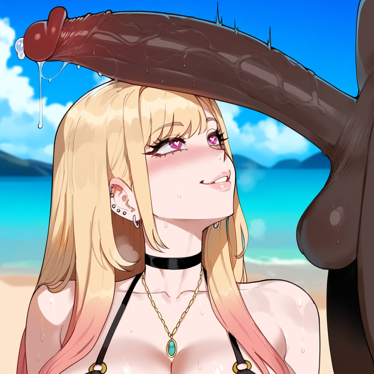 1boy, 1boy1girl, 1boys, 1girls, ai generated, balls, beach, big breasts, big penis, bikini, blush, bra, breasts, choker, cock shock, creamy ai, dark skin, dark-skinned male, erection, female, heart-shaped pupils, huge breasts, huge cock, imminent oral, imminent sex, interracial, kitagawa marin, large breasts, large penis, long hair, looking at penis, male, outdoors, outside, penis, penis awe, precum, sono bisque doll wa koi wo suru, standing, sweat, veiny penis, yellow hair