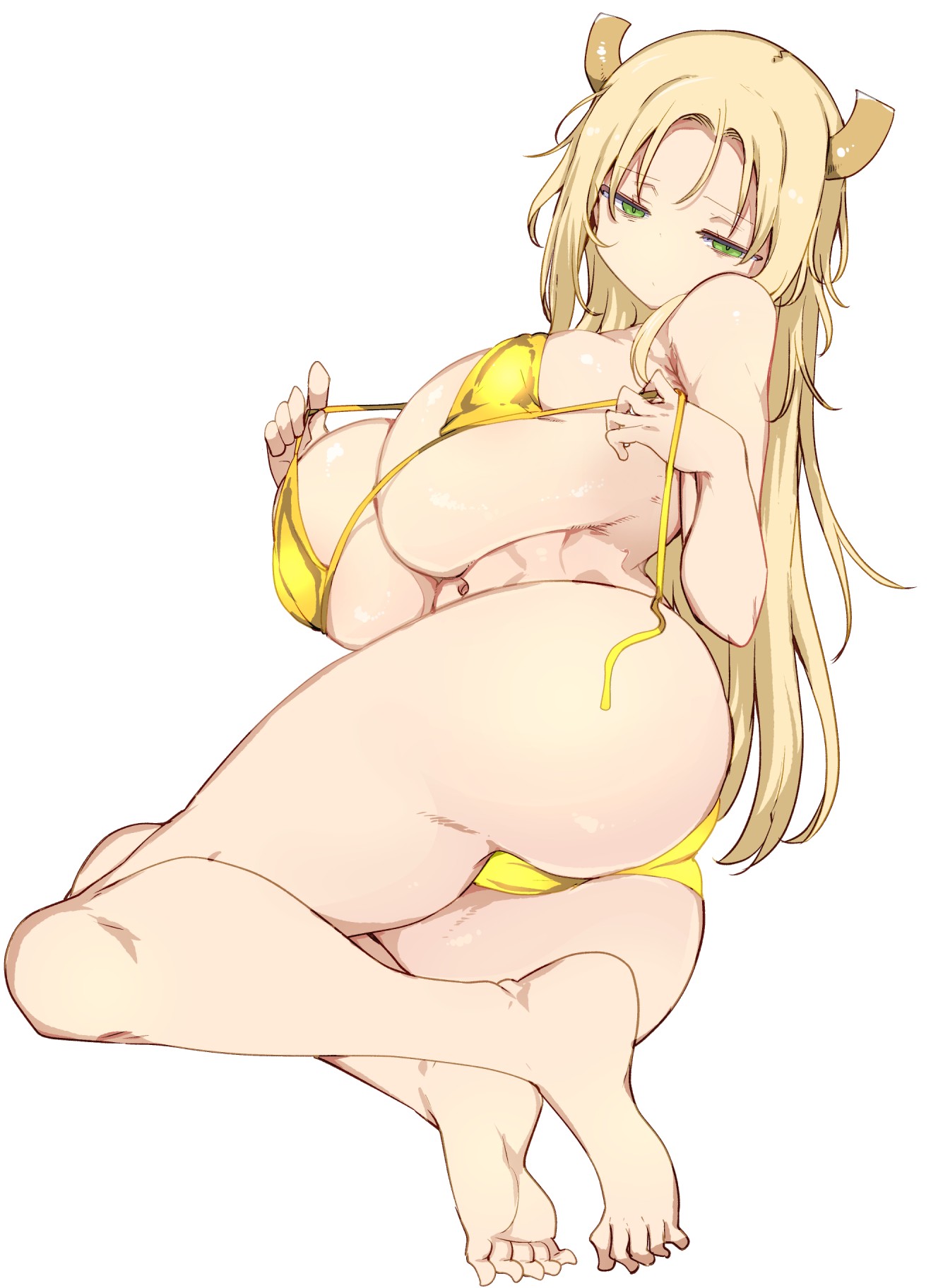1girls, ass, barefoot, big ass, big breasts, bikini, blonde hair, boobs and butt pose, boobs bigger than head, breasts, breasts bigger than head, cleavage, cool-kyou shinja, dragon, dragon girl, dragon horns, dragon humanoid, female, female focus, female humanoid, female only, green eyes, horn, horned female, horned humanoid, horns, huge breasts, humanoid, kobayashi-san chi no maidragon, large breasts, miss kobayashi's dragon maid, official alternate costume, official art, petla, quetzalpetlatl (dragon maid), simple background, swimsuit, textless, voluptuous, voluptuous female, white background, yellow hair, yellow swimsuit