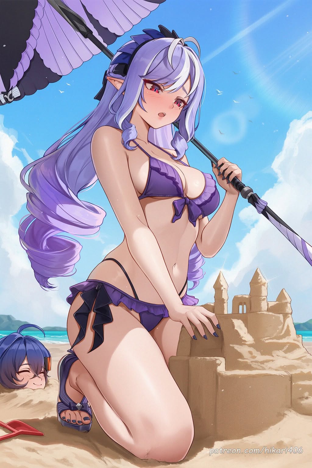 2girls, ahoge, ai generated, bare arms, bare shoulders, beach, belle (zenless zone zero), bikini, black nails, blue hair, blue sky, blush, breasts, cleavage, closed eyes, cloud, day, drill hair, female, frilled bikini, frills, front-tie bikini top, front-tie top, hikari406, holding, hoyoverse, kneeling, large breasts, long hair, multiple females, multiple girls, nail polish, navel, open mouth, outdoors, parasol, pointy ears, purple bikini, purple hair, red eyes, sand castle, sand sculpture, sandals, sky, solo focus, stomach, swimsuit, thighs, toenail polish, toenails, toes, umbrella, uncensored, vivian banshee, zenless zone zero