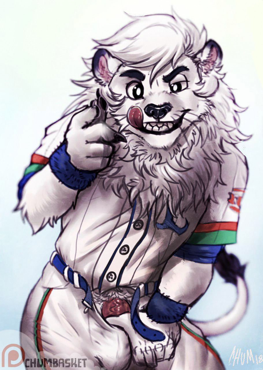 anthro belt bulge chumbasket clothed clothing feline humanoid_penis leo_(saitama_seibu_lions) lion looking_at_viewer male male_only mammal mascot penis pubes saitama_seibu_lions solo standing tongue tongue_out uniform unzipped vein