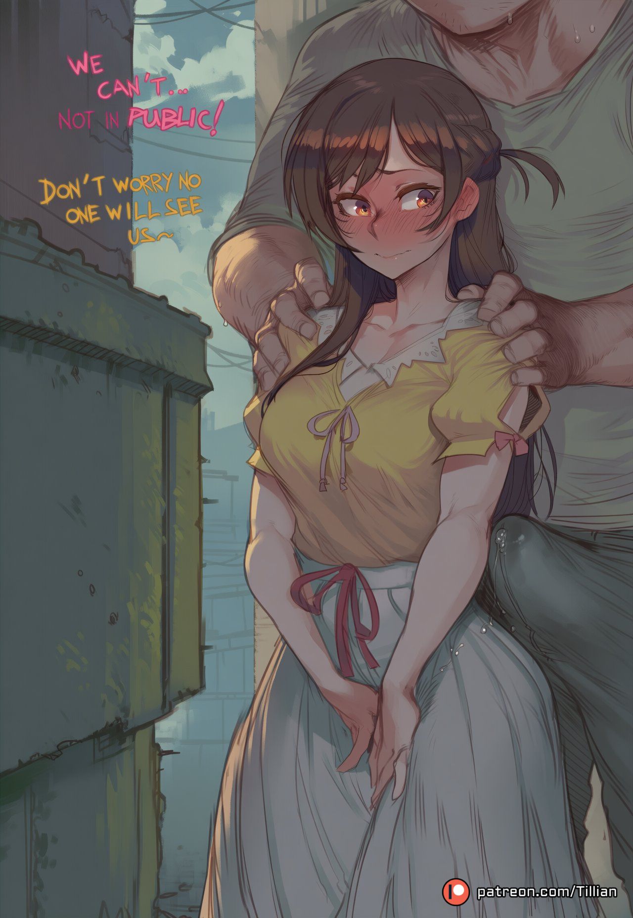 1boy, ai generated, blush, braid, breasts, brown eyes, brown hair, bulge, collarbone, embarrassed, english text, erection, erection under clothes, female, hands on another's shoulders, head out of frame, kanojo okarishimasu, long hair, long skirt, male, mizuhara chizuru, netorare, nose blush, outdoors, pants, patreon logo, patreon username, precum, shirt, short sleeves, skirt, smile, solo focus, standing, straight, sweat, tillian, white skirt, yellow shirt