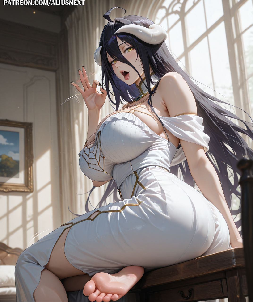 1girls, 2025, ai generated, albedo (overlord), aliusnext, anime, big ass, big breasts, black hair, black nails, breasts, demon, demon girl, demon horns, feet, feet fetish, feet focus, fellatio gesture, female, female only, foot fetish, foot focus, foot worship, goth, hi, high, highres, horns, huge ass, huge breasts, light skin, light-skinned female, lingerie, massive ass, massive breasts, mature, mature female, mommy, nail polish, nipples, open mouth, overlord (maruyama), patreon, quality, res, resolution, soles, style, sweat, sweatdrop, sweating, sweaty, sweaty body, sweaty breasts, thick, thick ass, thick hips, thick legs, thick lips, thick thighs, toes, uncensored, username, voluptuous, voluptuous body, voluptuous female, watermark, yellow eyes