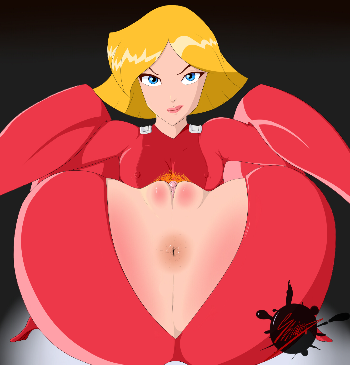 1girls, anus, ass, ass up, black background, blonde hair, blue eyes, clitoris, clothing, clover (totally spies), female, female only, human, latex suit, looking at viewer, lying, lying on back, nipples, pubic hair, pussy, seductive, seductive smile, short hair, shrimpypuff, smile, smirk, solo, theeshrimp, thighs, tight clothing, totally spies, tumblr, tumblr username, watermark