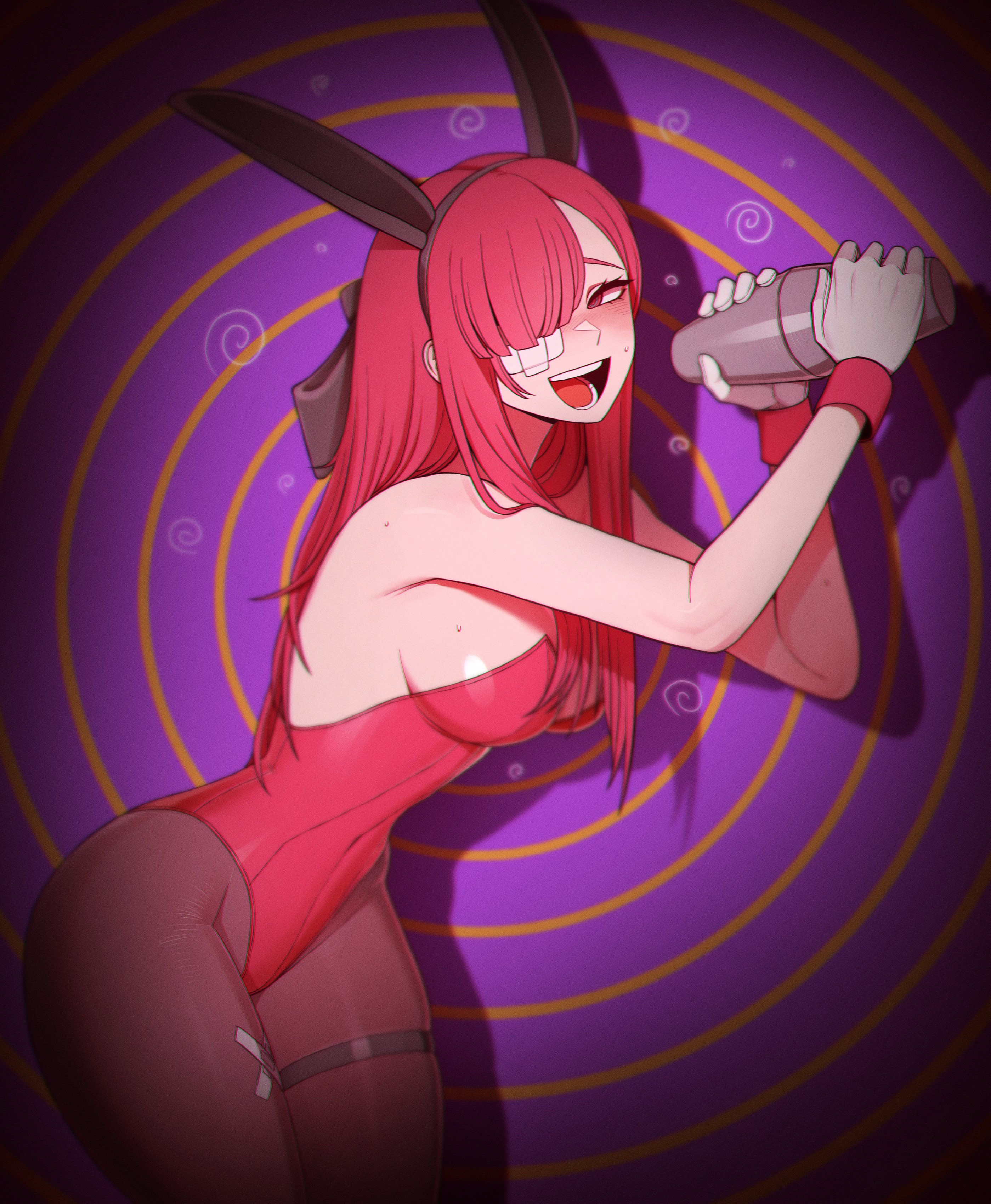 :d, animal ears, apple, bare shoulders, black bow, black pantyhose, blush, bow, breasts, brown pantyhose, cg, eyepatch, fake animal ears, female, gloves, hair over one eye, hairbow, holding, leotard, limbus company, long hair, looking at viewer, medium breasts, misg1111, mole, mole on breast, one eye covered, open mouth, pantyhose, playboy bunny, project moon, purple background, rabbit ears, red eyes, red hair, red leotard, sideboob, smile, solo, strapless, strapless leotard, teeth, thigh strap, white gloves, wrist cuffs, yuri (limbus company)