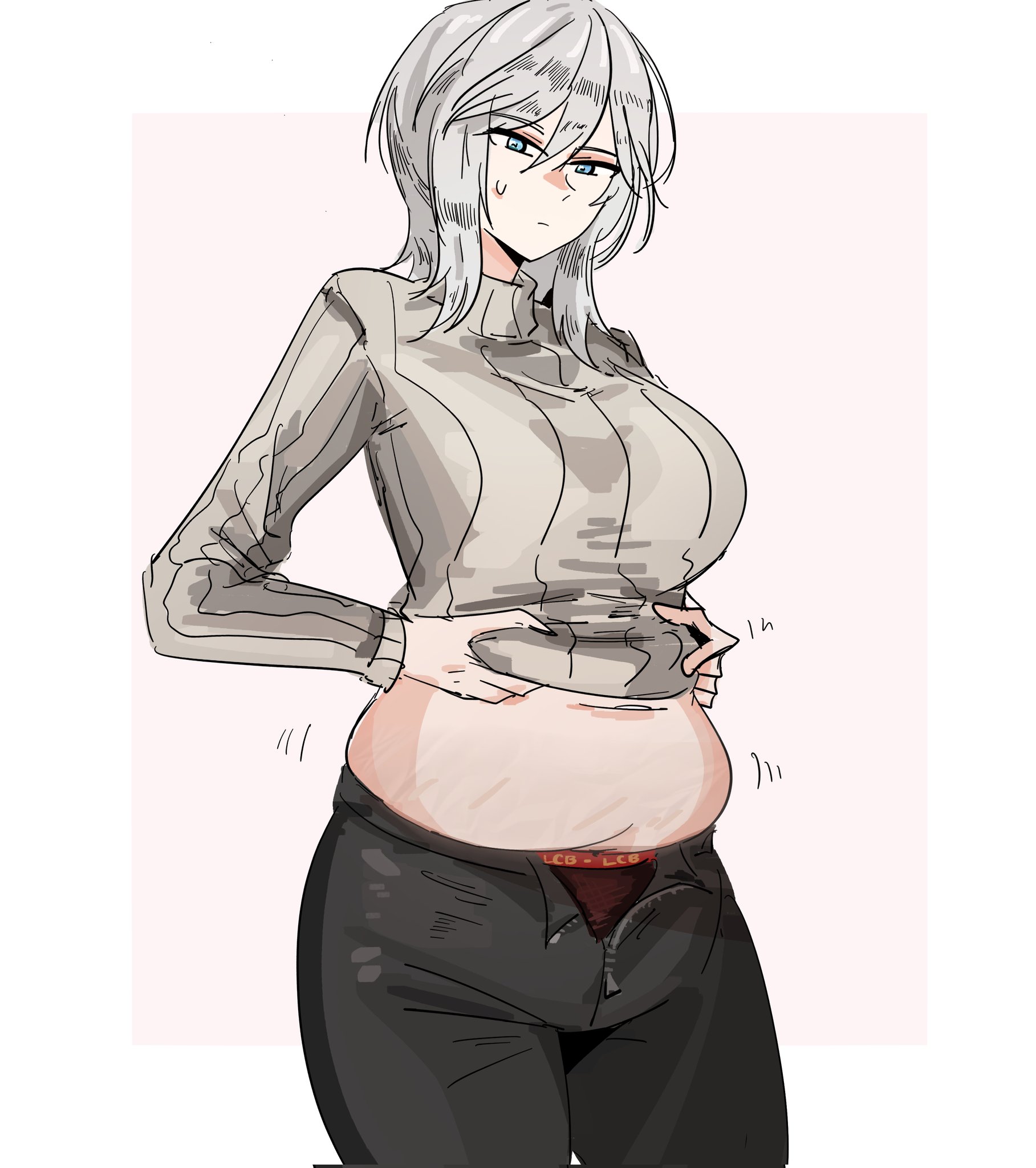 1girls, arczaeon, breasts, chubby, chubby female, faust (limbus company), female, female only, grabbing belly, huge breasts, human, large breasts, limbus company, open fly, project moon, solo, solo female, standing, underwear, weight gain