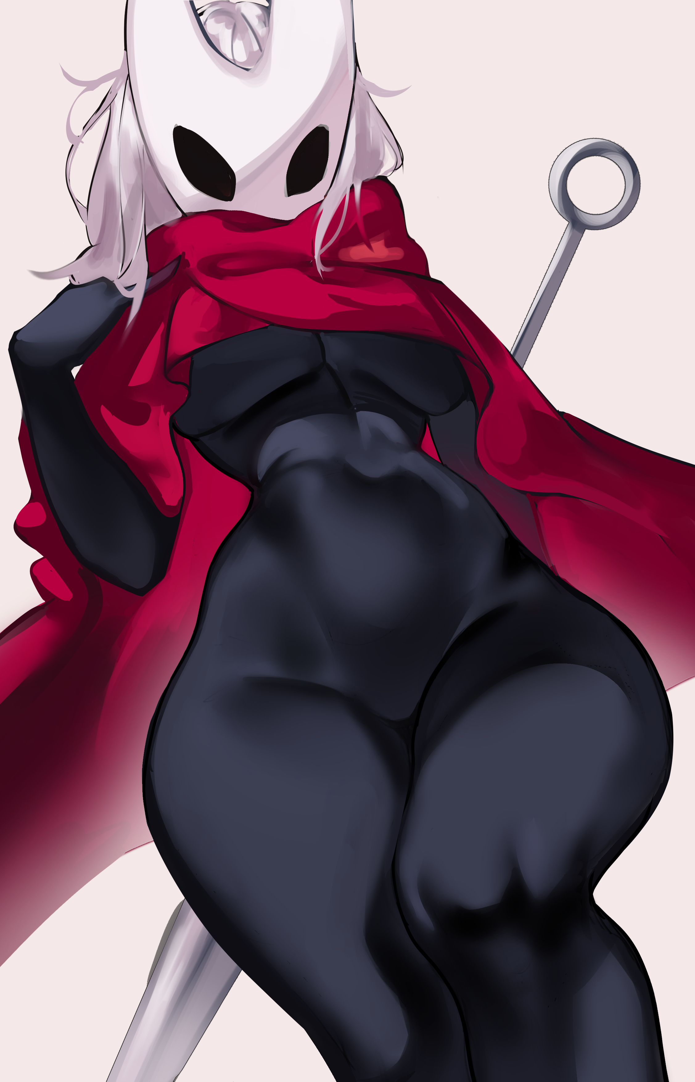 1girls, 2d, ass, belly, big ass, big breasts, big butt, big thighs, bodysuit, breasts, butt, cape, cloak, female, female only, forest, hollow knight, hollow knight: silksong, hornet, hornet (hollow knight) (cosplay), huge ass, huge breasts, huge thighs, human, humanization, humanized, jpeg, long hair, looking at viewer, mask, suliavtuber, thick thighs, thighs, white background, white hair