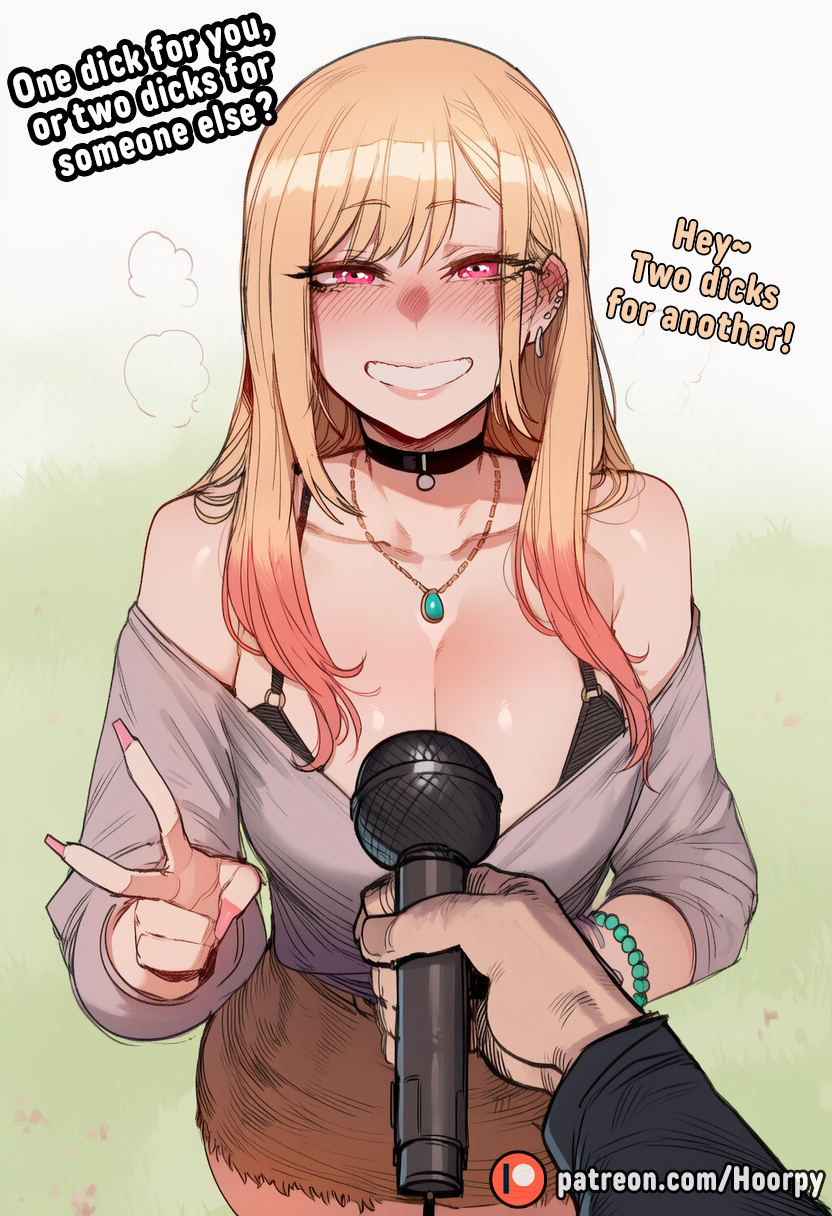 1boy, 1girls, ai generated, athletic, athletic female, black bra, blonde female, blonde hair, blush, bra, bracelet, breasts, breath, caption, choker, cleavage, clothed, clothing, comic, comic page, comics, cute, cute face, ear piercing, earrings, english, english text, excited, female, female focus, holding object, hoorpy, interview, jewelry, kitagawa marin, light skin, light-skinned female, light-skinned male, looking at viewer, male, marin kitagawa, medium breasts, microphone, my dress up darling, nail polish, patreon, patreon logo, patreon url, patreon username, peace sign, petite, petite body, petite female, piercing, piercings, red eyes, red nails, schoolgirl, sexy, sexy body, skirt, smile, sono bisque doll wa koi wo suru, standing, talking, talking to viewer, teenage female, teenager, teeth, text