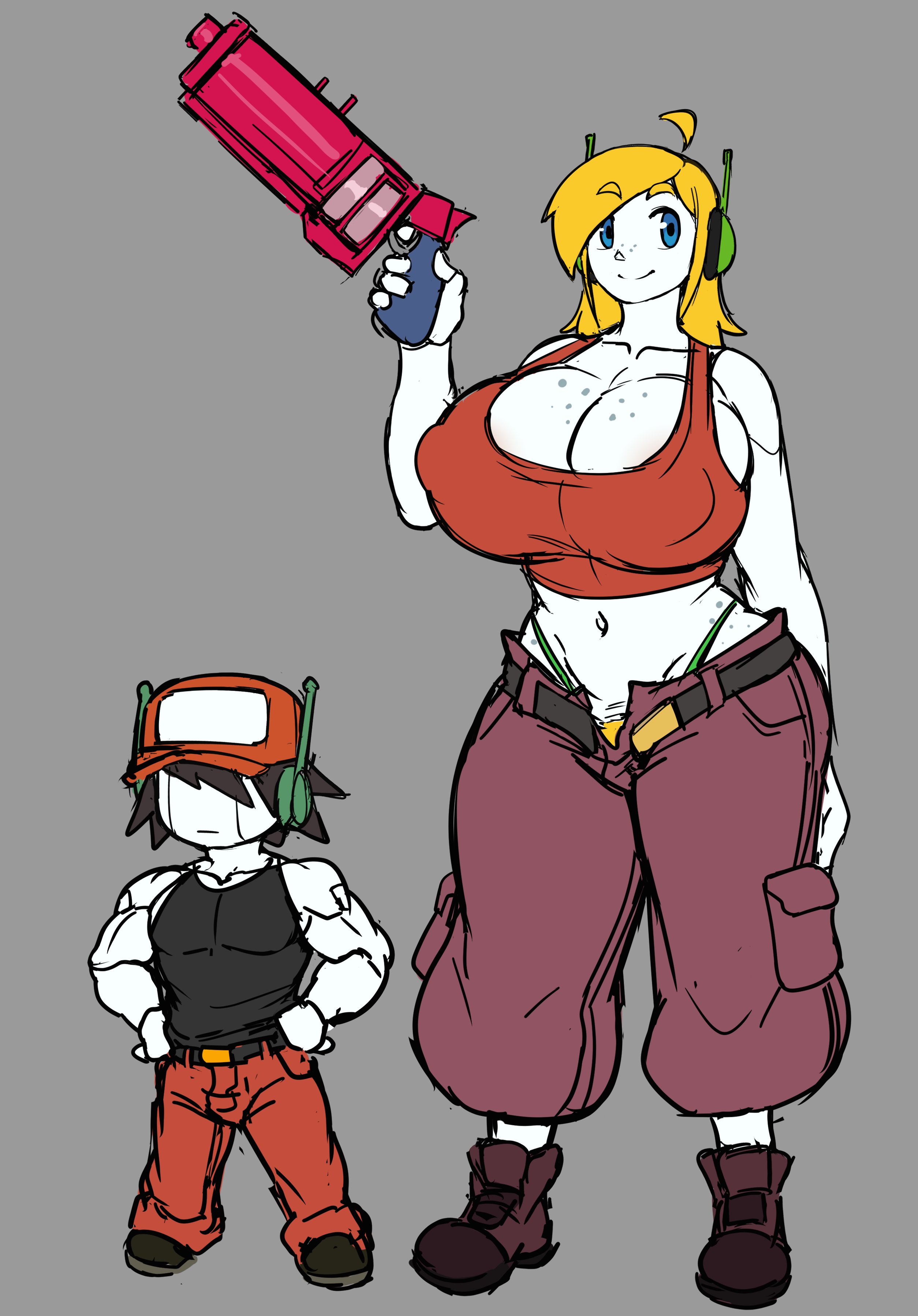 1boy, 1boy1girl, 1girls, ahoge, baggy pants, blonde hair, blue eyes, breasts, cave story, cleavage, clothed, covered nipples, curly brace, duo, female, freckles, grey impact, gun, height difference, huge breasts, male, muscular, muscular male, open fly, panty straps, quote (cave story), robot, robot boy, robot ears, robot girl, short king, taller female, tank top, white skin