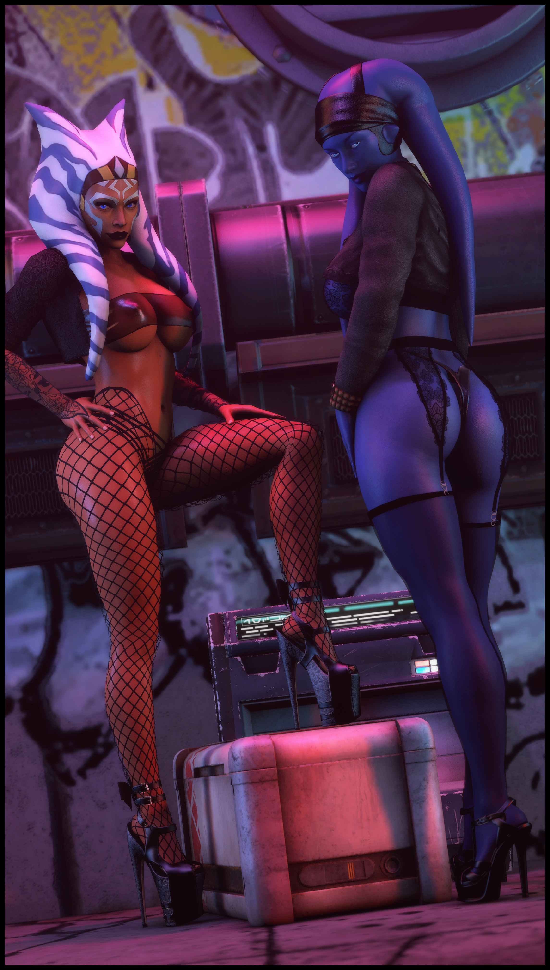 2girls, 3d, ahsoka tano, alien, ass, big ass, big breasts, blue skin, breasts, female, female only, fishnets, foab30, garter straps, nipple bulge, orange skin, platform heels, star wars, togruta