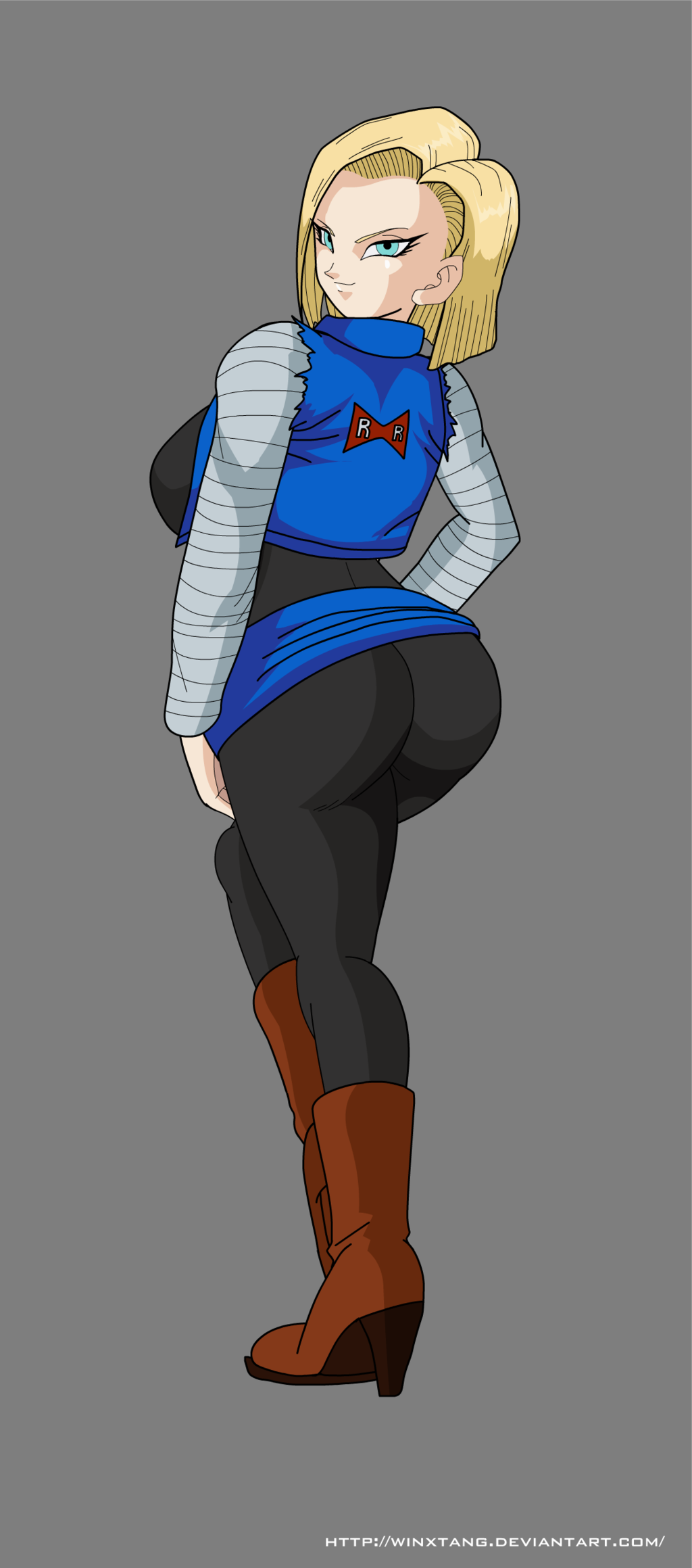 1girls, alternate version available, android 18, ass, blonde hair, blue eyes, boots, breasts, curvy, dragon ball, female, large breasts, riffsandskulls, short hair, solo, voluptuous, wide hips