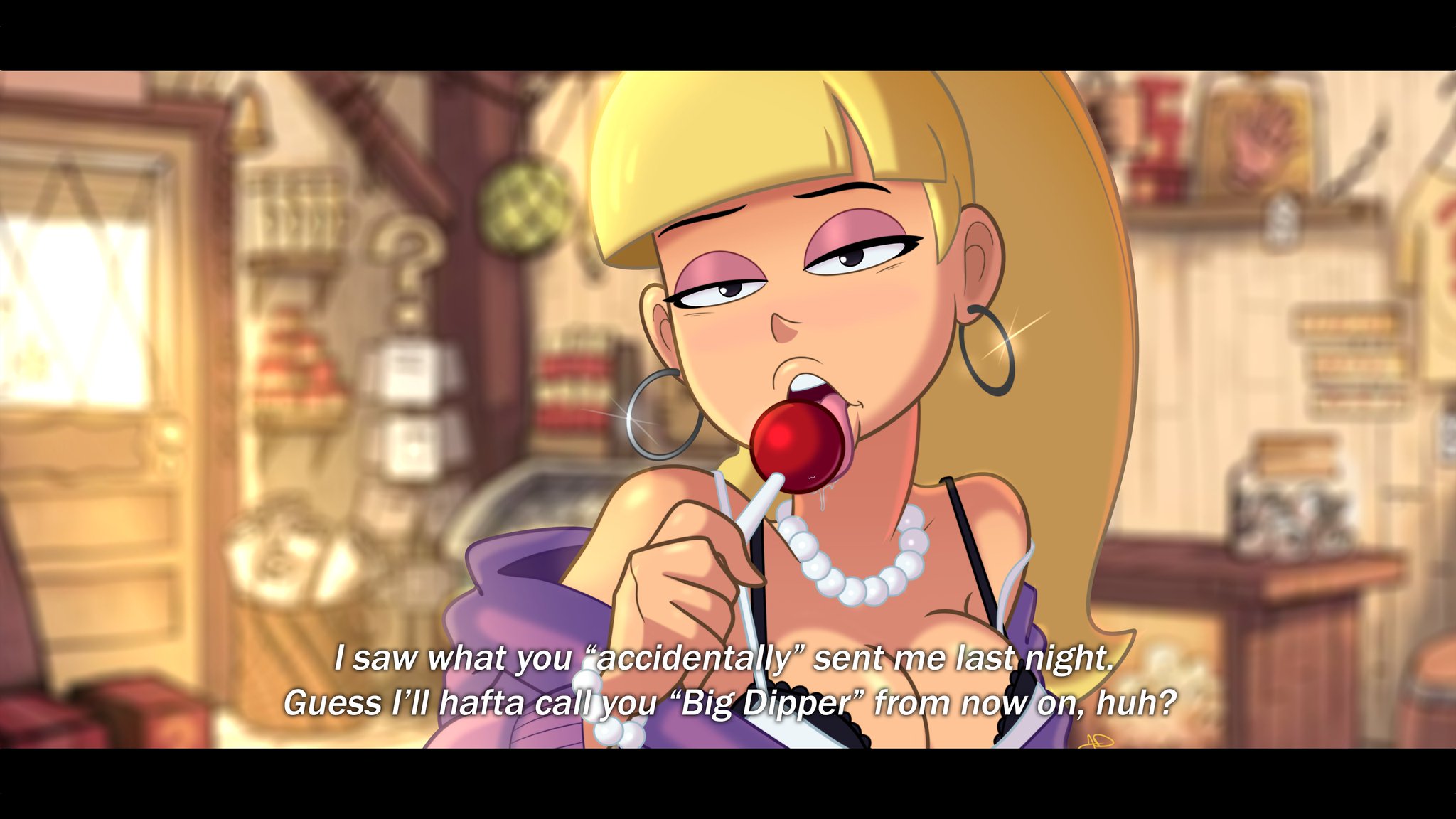 1female, 1girls, adult female, aged up, bangs, big breasts, blonde female, blonde hair, blonde hair female, blonde-haired female, breasts, caption, dipper pines, disney, english, english text, eyeshadow, fellatio gesture, female, female only, gravity falls, hoodie, hoop earrings, imminent fellatio, imminent oral, jumpdriiver, lace bra, licking, licking lollipop, lollipop, lollipop in mouth, looking at viewer, makeup, pacifica northwest, pearl necklace, seducing, seduction, seductive, seductive eyes, seductive gaze, seductive look, seductive mouth, seductive pose, suggestive, suggestive gesture, teasing, teasing viewer, text, tongue out, unseen character