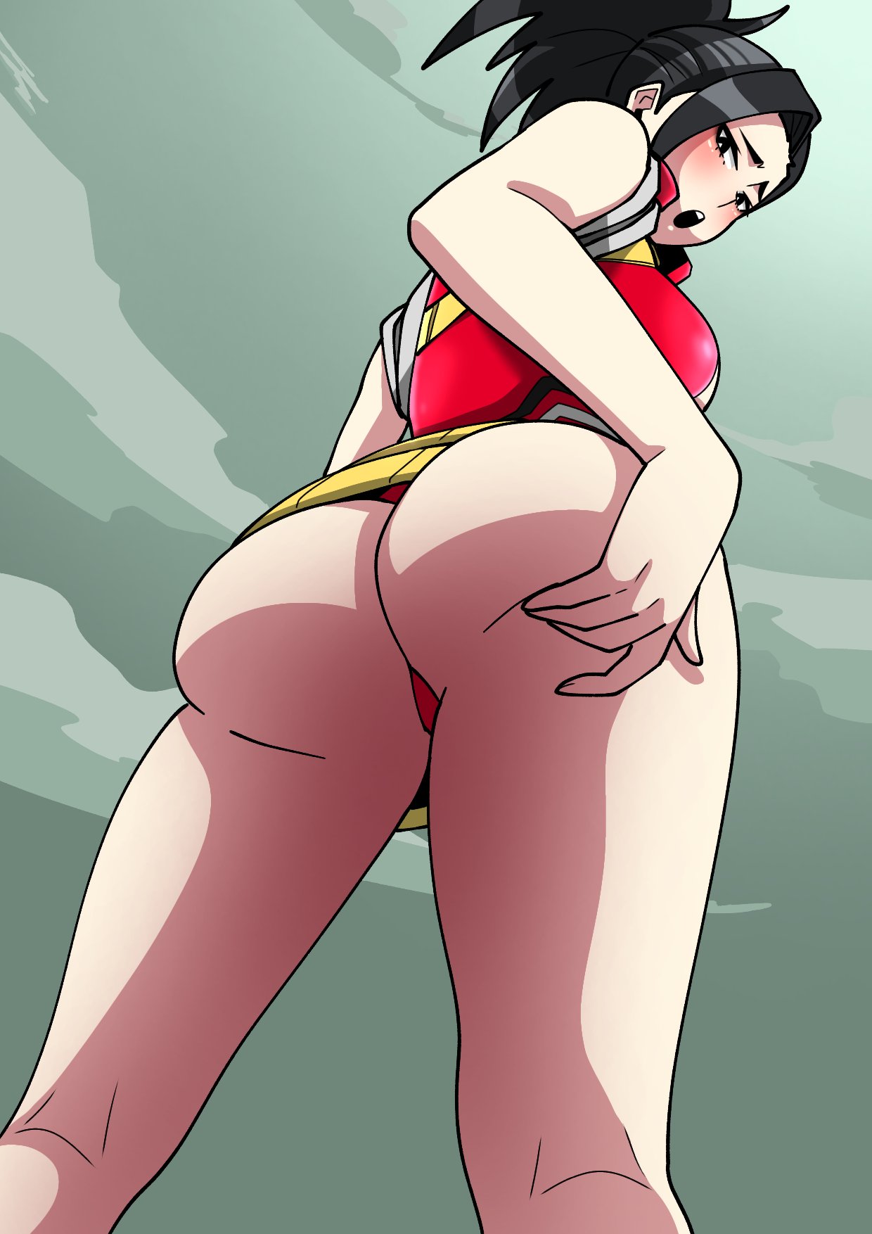 1girls, ass, ass focus, ass support, back, back view, backboob, big ass, black eyes, black hair, black-haired female, dat ass, female, female only, green bean, hair, hand on ass, hero outfit (mha), huge ass, human, human female, legs, leotard, light-skinned female, looking back, looking down, low-angle view, momo yaoyorozu, momo yaoyorozu (hero outfit), my hero academia, red leotard, revealing clothes, skimpy, skimpy clothes, solo, solo female, superhero costume, superheroine, thighs