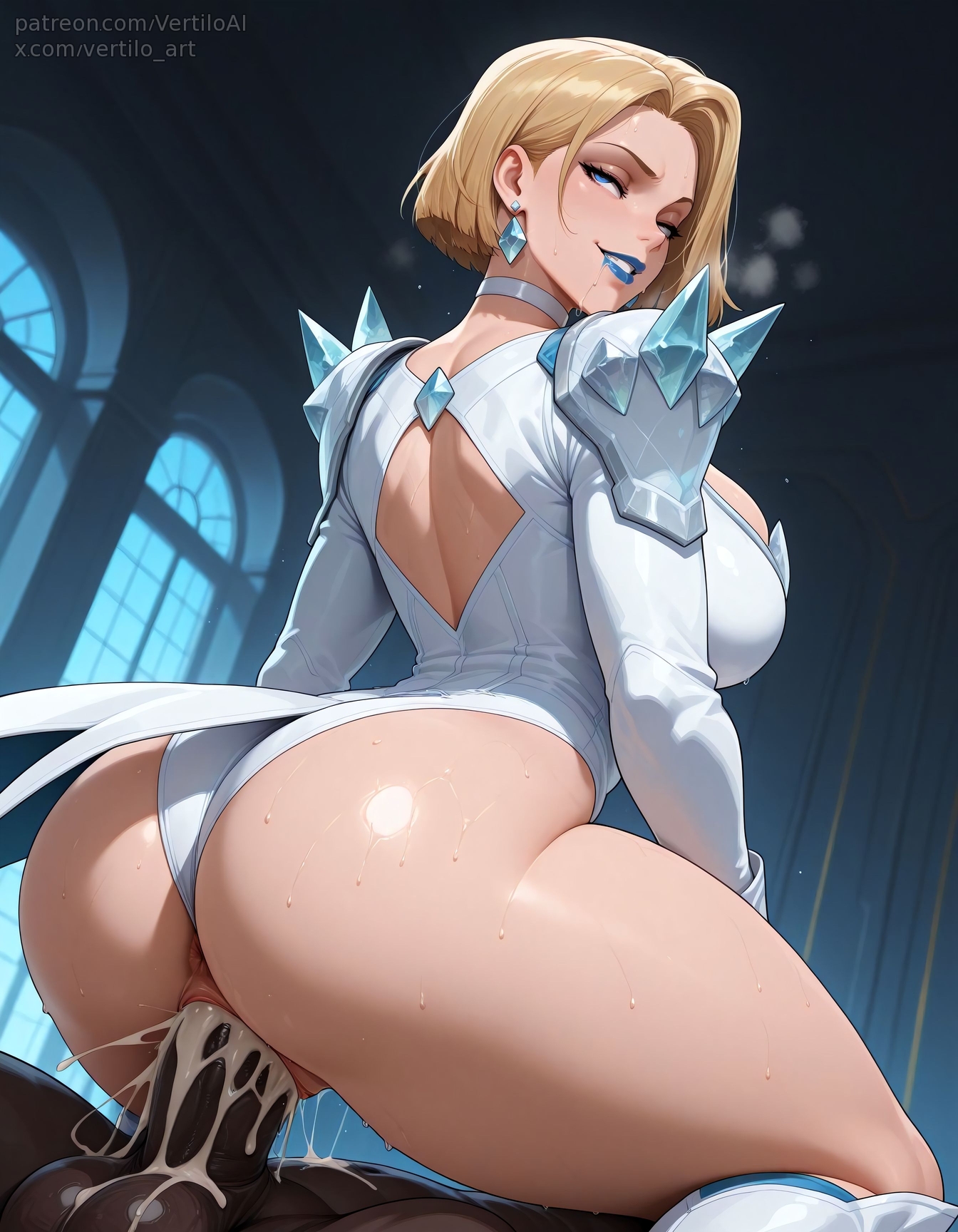 1boy, 1girls, ai generated, ass, breasts, cowgirl position, cum, cum in pussy, dark skin, dark-skinned male, drooling, emma frost, emma frost (marvel rivals), female, large breasts, male, marvel, marvel comics, marvel rivals, pussy, smile, vaginal penetration, vertiloart