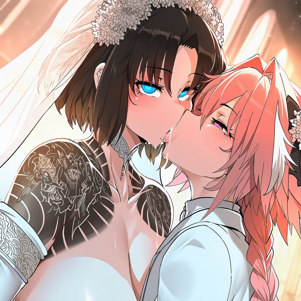 ai generated, astolfo (fate), big breasts, black hair, blue eyes, breasts, fate (series), fate/grand order, female, femboy, femboy on female, femboydom, femsub, french kiss, french kissing, heart-shaped pupils, kara no kyoukai, kiss, kissing, male, manicmode, pink eyes, pink hair, ryougi shiki, saliva, tagme, wedding, wedding dress, wedding veil
