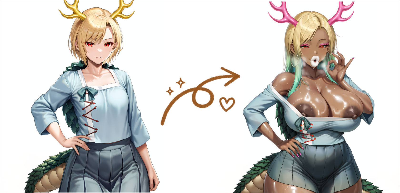 ai generated, before and after, bimbofication, breast expansion, breast growth, breast growth (enlargement), breasts, dildo, ebonization, female, huge breasts, kicchou yachie, nipples, race swap, touhou, transformation