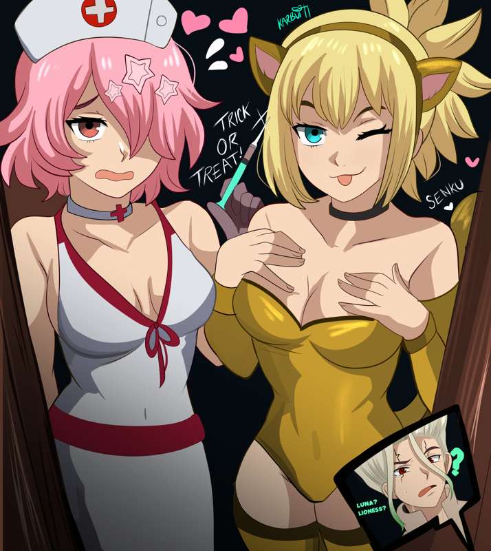 1boy, 2girls, blonde hair, blonde-haired female, confusion, costume, dr.stone, embarrassed, female, halloween, ishigami senku, karbuitt, kohaku (dr.stone), luna wright, nurse, pink hair, pink-haired female, playful, tiger, trick or treat