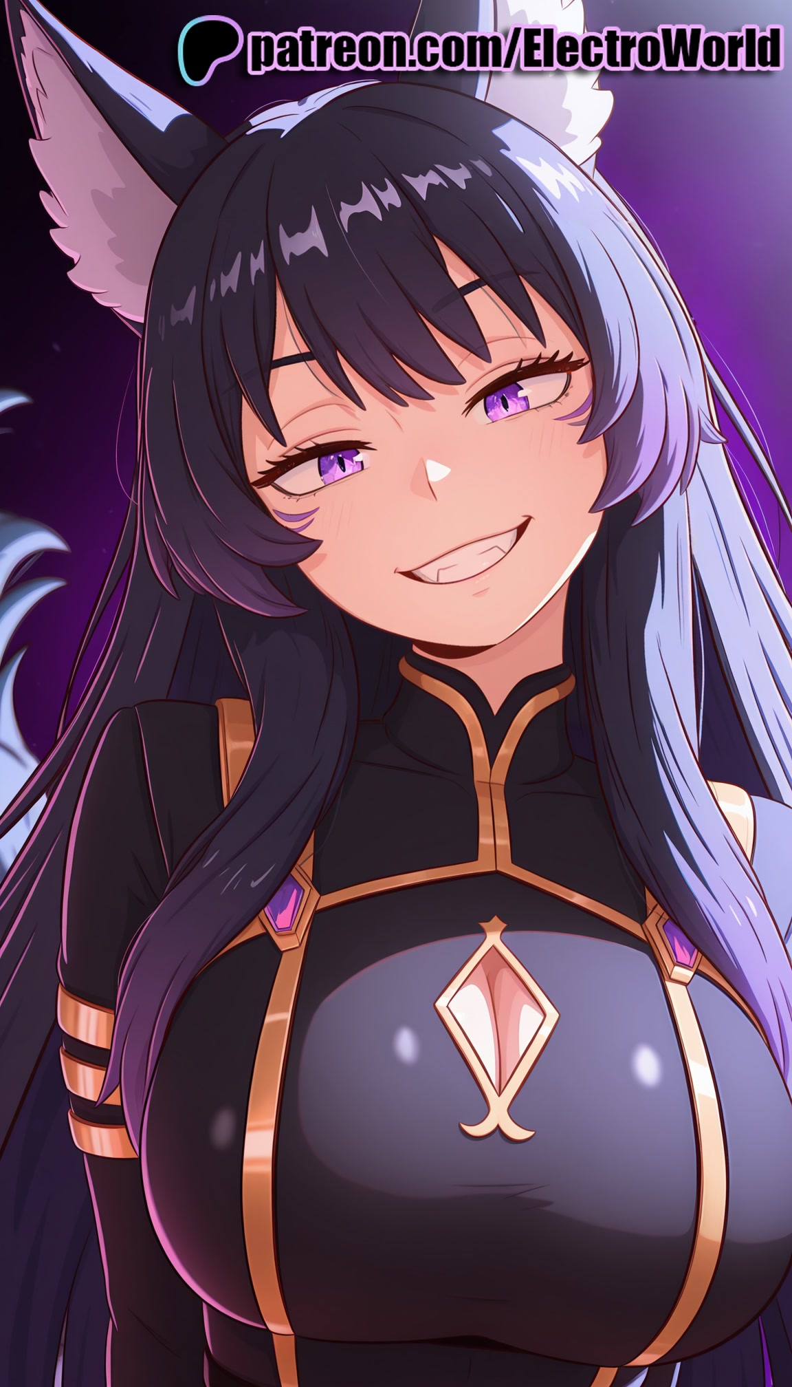 1girls, 2025, ai generated, animal ears, artist name, big breasts, big chest, black hair, breasts, bust, busty, chest, delta (the eminence in shadow), electroworld, female, grin, hi res, high quality, high resolution, highres, large breasts, long hair, looking at viewer, patreon, patreon username, purple background, purple eyes, smile, solo, stable diffusion, the eminence in shadow, watermark