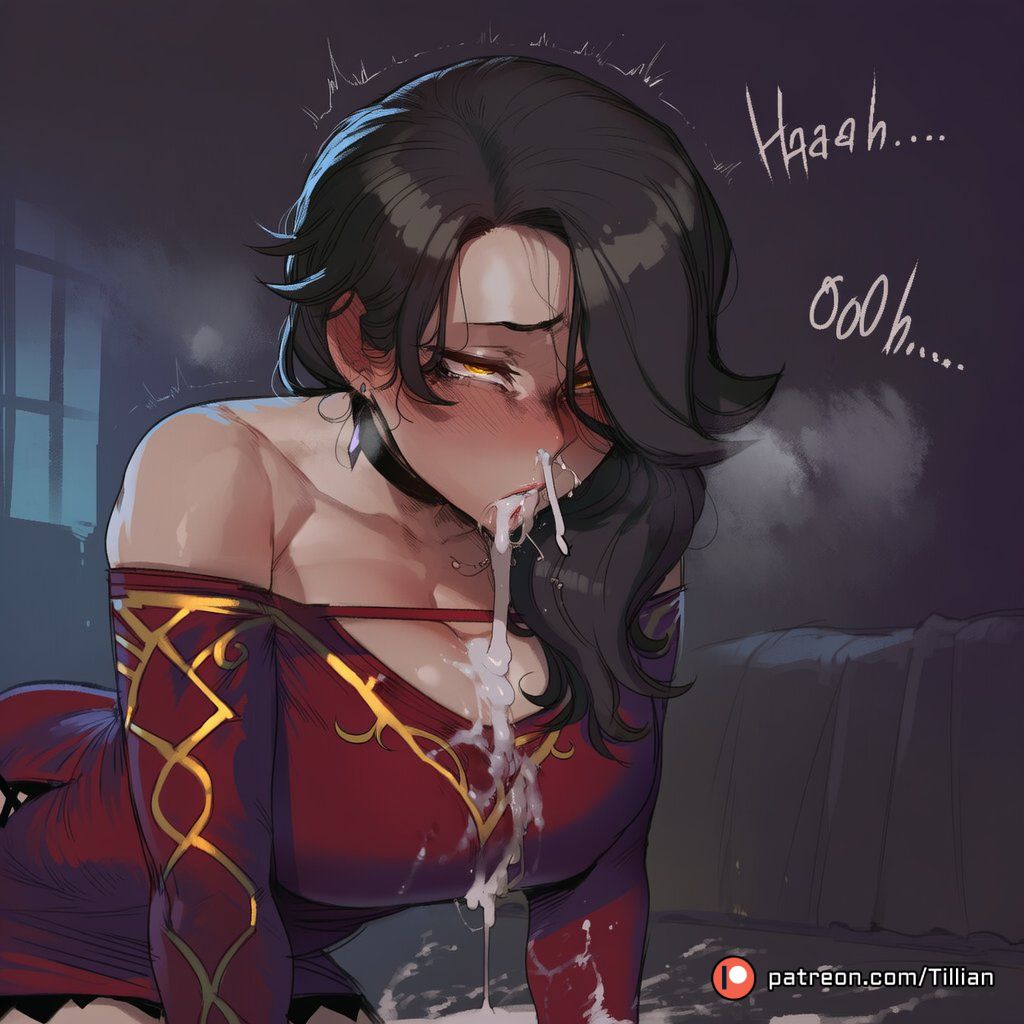 after fellatio, after sex, ai generated, artist name, bare shoulders, bed, bedroom, black choker, black hair, blush, breasts, choker, cinder fall, cleavage, collarbone, cum, cum in mouth, cum in nose, cum on body, cum on breasts, cum on clothes, cum pool, cum string, cumdrip, dress, earrings, english text, facial, female, hair over one eye, heavy breathing, indoors, jewelry, large breasts, lips, long hair, looking at viewer, makeup, mature female, nose bubble, off shoulder, off-shoulder dress, patreon logo, patreon username, red dress, rolling eyes, runny makeup, rwby, salem (rwby), snot, solo, tears, thighs, tillian, trembling, web address, window, yellow eyes
