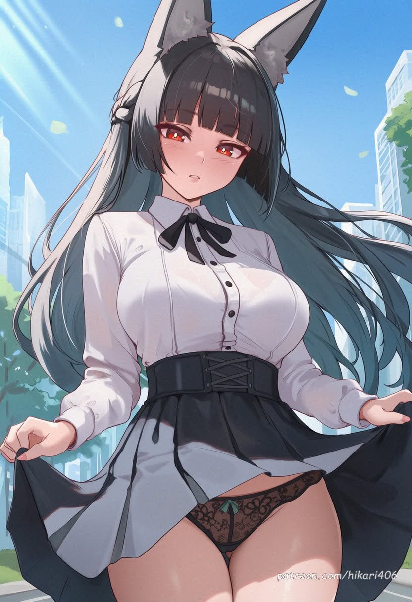 ai generated, animal ear fluff, animal ears, ass visible through thighs, black hair, black panties, black skirt, blue sky, blunt bangs, blush, bow, bow panties, braid, breasts, building, clothes lift, collared shirt, cowboy shot, day, female, fox ears, high-waist skirt, hikari406, hoshimi miyabi, large breasts, lifted by self, long hair, long sleeves, looking at viewer, outdoors, panties, parted lips, pleated skirt, red eyes, shirt, shirt tucked in, skirt, skirt lift, sky, solo, thigh gap, thighs, uncensored, underwear, white shirt, zenless zone zero