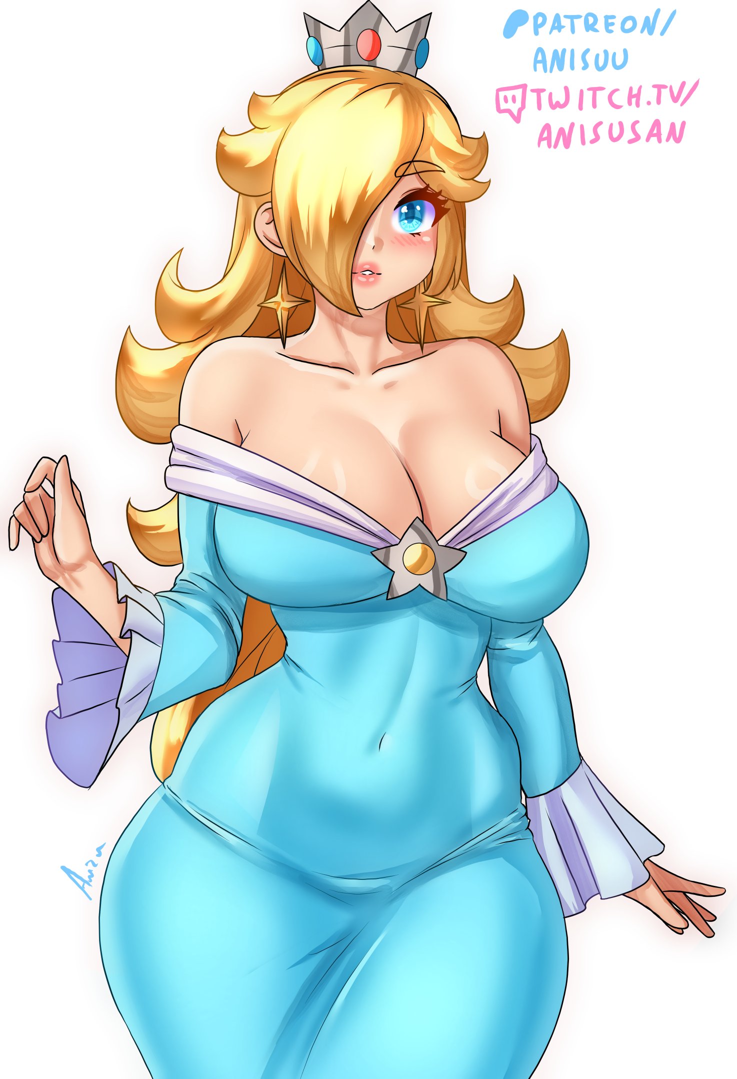 1girls, alternate breast size (larger), anisdrawn, aqua dress, bare shoulders, blonde hair, blue eyes, blush, breasts, brooch, cleavage, collarbone, crown, dress, earrings, female, female only, grey crown, hair over one eye, highres, jewelry, large breasts, long hair, long sleeves, looking at viewer, mario (series), nintendo, off shoulder, off-shoulder dress, parted lips, princess rosalina, silver crown, simple background, solo, star (symbol), star brooch, star earrings, super mario galaxy