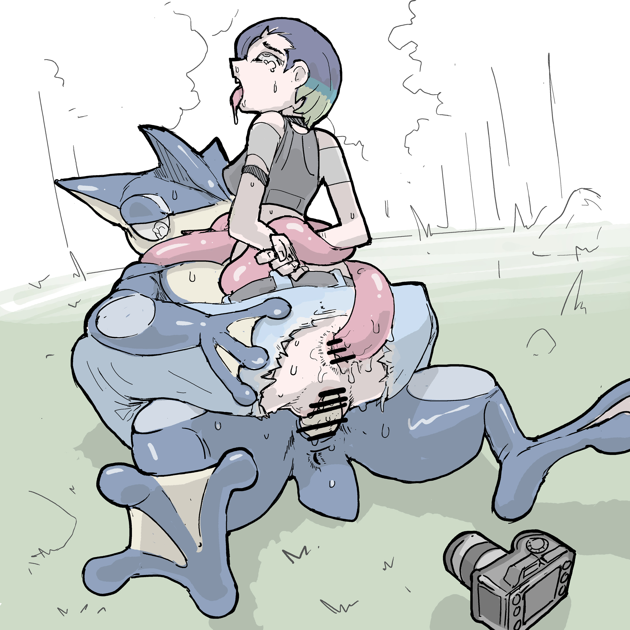 1boy, 1girls, anal, anal sex, anthro, anus, arms behind back, ass, belt, blue skin, blue-skinned male, bondage, bound, bound arms, bound wrists, camera, censored, crop top, dominant, dominant male, double penetration, female, femsub, greninja, hi res, human, human on anthro, image set, jeans, light skin, light-skinned female, long tongue, male, maledom, penis, perrin (pokemon), pizzlet, pokemon, pokemon (species), pokemon sv, pokephilia, prehensile tongue, pussy, restrained, ripped clothing, submissive, submissive female, taking picture, tongue, tongue in anus, torn clothes, torn pants, vagina, vaginal penetration