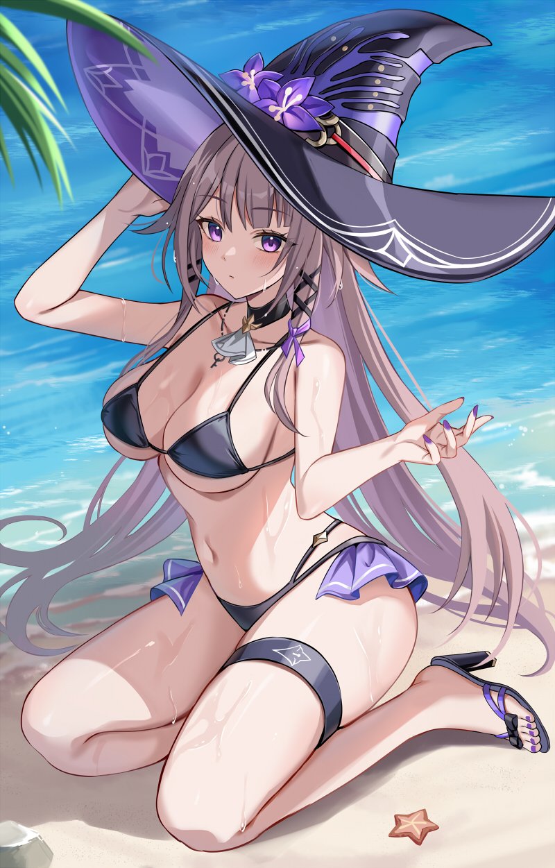 1girls, beach, big breasts, big hat, bikini, black heels, black swimsuit, breasts, brown hair, female, harimoji, heels, honkai: star rail, hoyoverse, long hair, mihoyo, ocean, on knees, purple eyes, swimsuit, the herta (honkai: star rail), witch hat