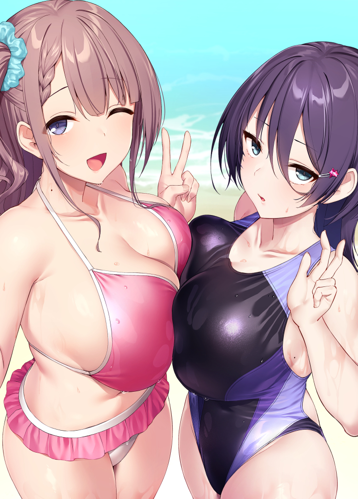 ;d, 2girls, asaba ibuki, bare legs, bare shoulders, beach, bikini, bikini skirt, black hair, black one-piece swimsuit, blue eyes, blush, braid, breast press, breasts, brown hair, cleavage, commentary request, competition swimsuit, cowboy shot, day, female, from above, hair between eyes, hair ornament, hair scrunchie, hairclip, halterneck, highleg, highleg one-piece swimsuit, large breasts, long hair, looking at viewer, microskirt, mole, mole on breast, mole on neck, multiple females, multiple girls, navel, ocean, one eye closed, one side up, one-piece swimsuit, open mouth, original, outdoors, parted lips, pink bikini, satou kuuki, scrunchie, selfie, shiny swimsuit, shirosaki koharu, sidelocks, skirt, smile, standing, stomach, swimsuit, symmetrical docking, tight clothing, upturned eyes, v, wet, wet clothes, wet swimsuit