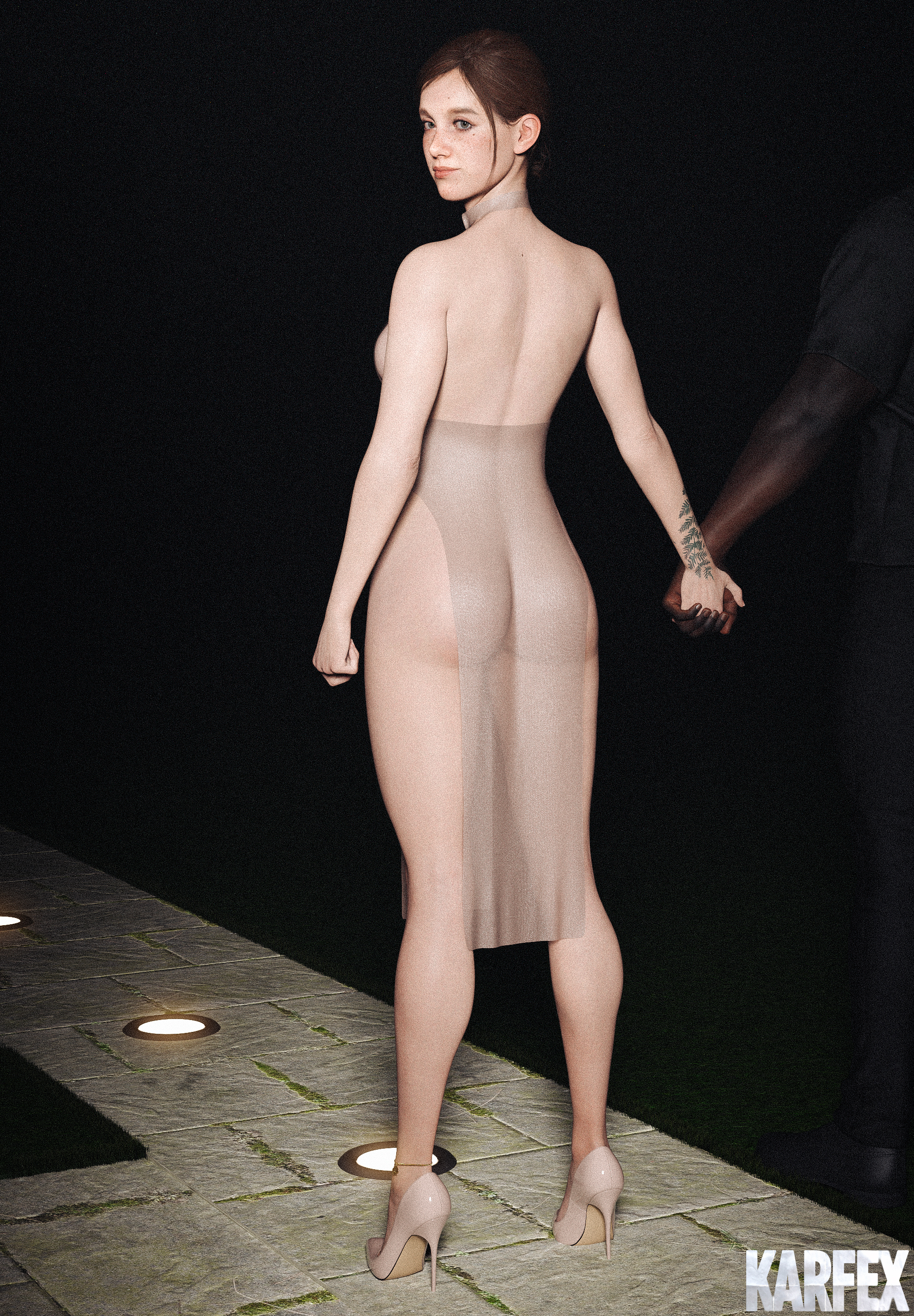 1boy, 1girls, 3d, anklet, ass, ass focus, brown hair, cuckold, cuckold pov, dark skin, dark-skinned male, ellie (the last of us), ellie williams, female, freckles, high heels, holding hands, inminent sex, interracial, karfex, looking back, male, queen of spades, see-through clothing, short hair, size difference, spade anklet, tagme, the last of us, the last of us 2, very high heels