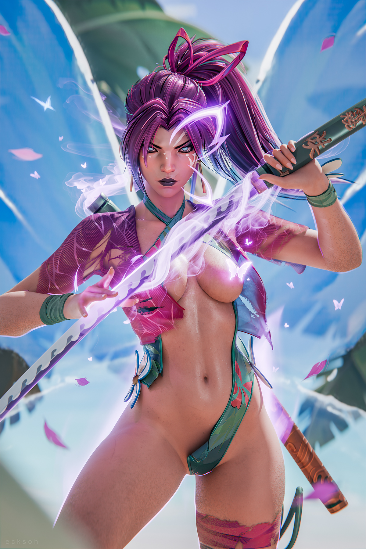 1girls, 3d, asian female, blender, blender (software), blender cycles, crotch, dyed hair, dyed-hair, ecksoh, eye contact, female, female focus, female only, japanese female, legs, legs apart, lipstick, long hair, long legs, looking at viewer, marvel, marvel comics, marvel rivals, no bra, no panties, perfect body, ponytail, psylocke, psylocke (sai) (breezy butterfly), purple hair, pussy, ripped clothing, ripped swimsuit, sexy, sexy body, shaved crotch, shaved pussy, solo, solo female, solo focus, standing, swimsuit, swimwear, thighs, tied hair, very long hair, wet, wet body, wet skin