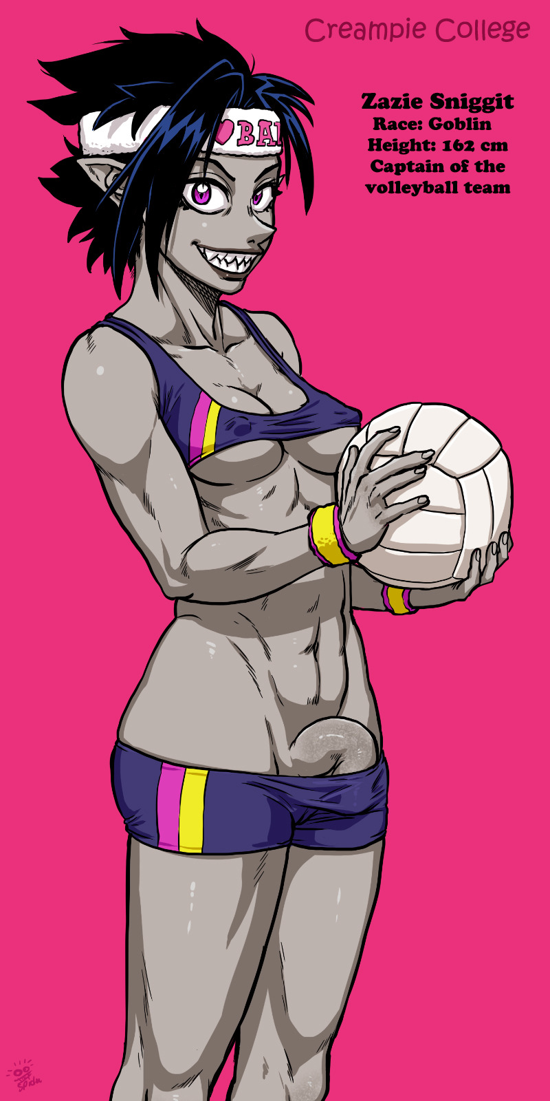 1futa, bike shorts, breasts, covered nipples, creampie high, erection under clothes, female, futanari, goblin, goblin female, grey skin, intersex, sharp teeth, shorts, solo, spidu, sports bra, sports uniform, sportswear, standing, underboob, volleyball