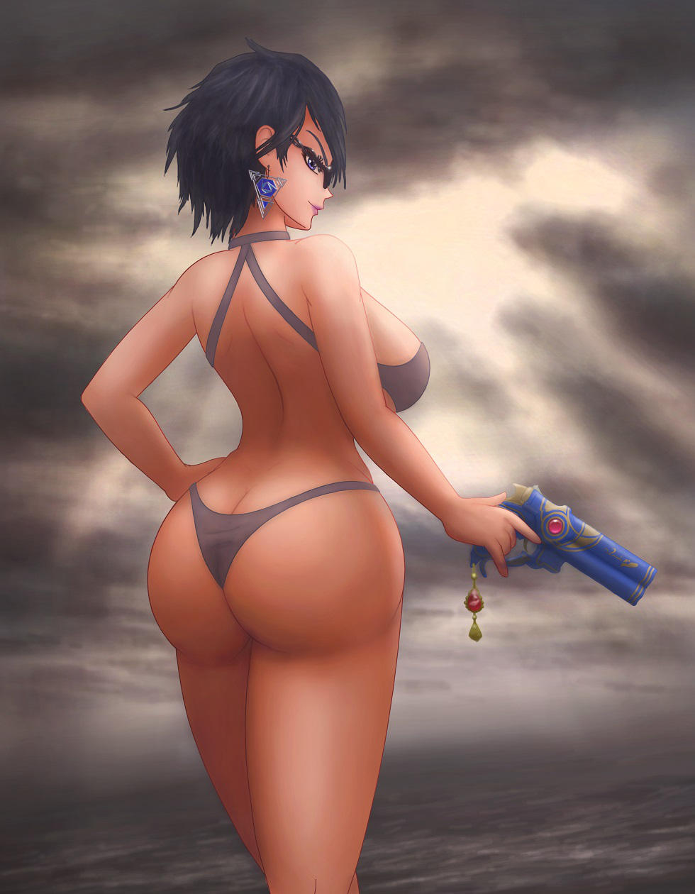 1girls ass ass_cleavage bayonetta bayonetta_(character) bayonetta_2 beach big_breasts bikini black_hair butt_crack cloudy_sky earrings firearm glasses gun handgun huge_ass huge_breasts lipstick looking_at_viewer nintendo purple_eyes saf-404 safartwoks safartworks short_hair solo thick_thighs thin_waist weapon wide_hips