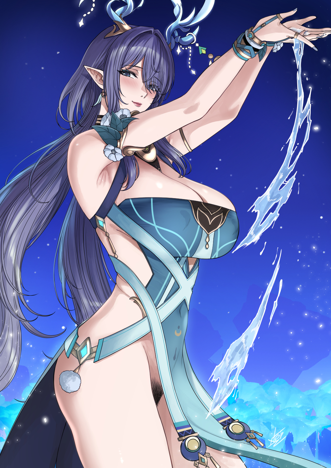 1girls, antlers, arm strap, armlet, armpits, arms up, artist name, bare shoulders, blue dress, blue eyes, blush, bracelet, breasts, cleavage, collar, covered navel, dress, earrings, female, genshin impact, hair over one eye, hi res, hoyoverse, huge breasts, lauma (genshin impact), looking at viewer, low twintails, mihoyo, nail polish, no panties, pointy ears, pubic hair, purple hair, pussy, sleeveless, smile, solo, solo female, very long hair, water, watermark, xtermination