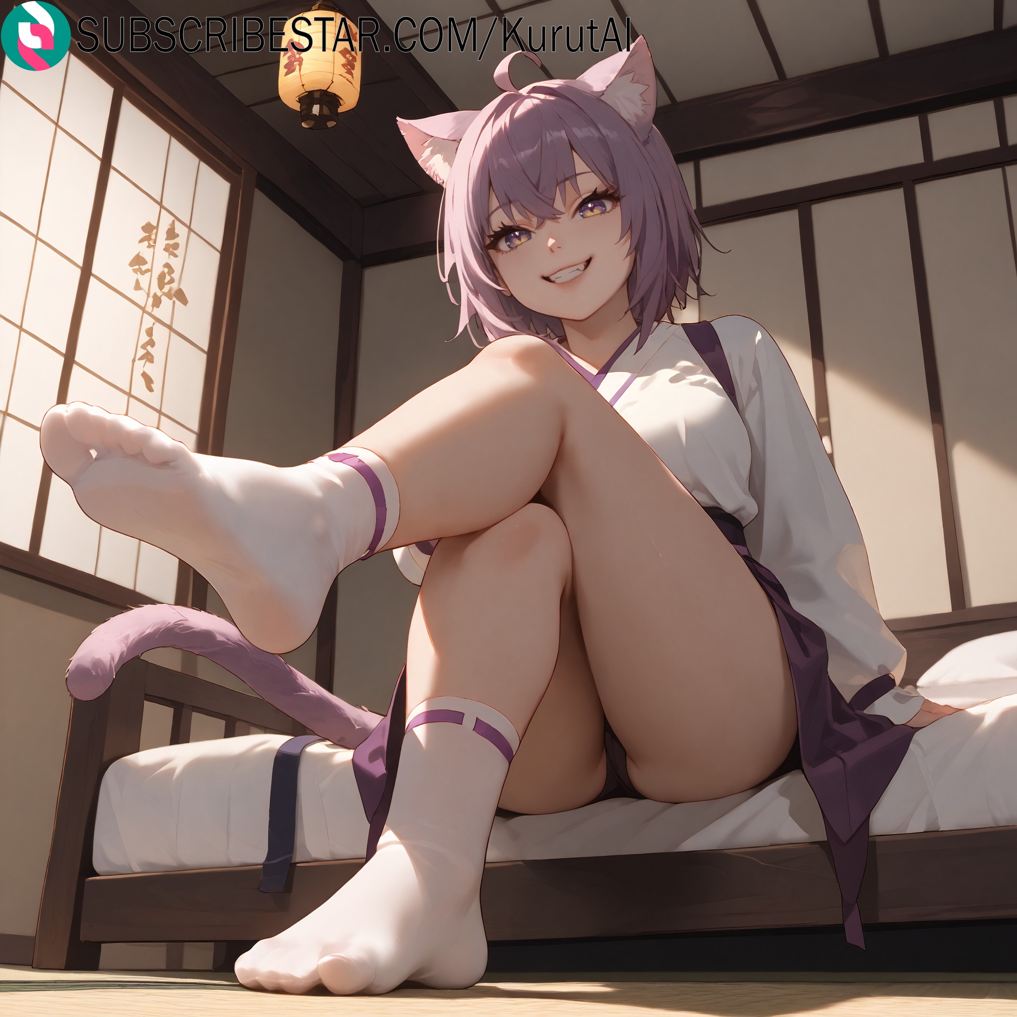 1girls, ahoge, ai generated, animal ear fluff, animal ears, artist name, artist signature, blush, breasts, cat ears, cat girl, cat tail, crossed bangs, crossed legs, feet, female, foot focus, foreshortening, full body, grin, hair between eyes, hi res, high resolution, highres, hololive, hololive gamers, hololive japan, indoors, kimono, kurutai, large breasts, legs, looking at viewer, nekomata okayu, panties, presenting foot, purple eyes, purple hair, short hair, sitting, smile, socks, soles, solo, subscribestar, subscribestar username, tail, teeth, thighs, toes, uncensored, underwear, virtual youtuber, white kimono, white socks