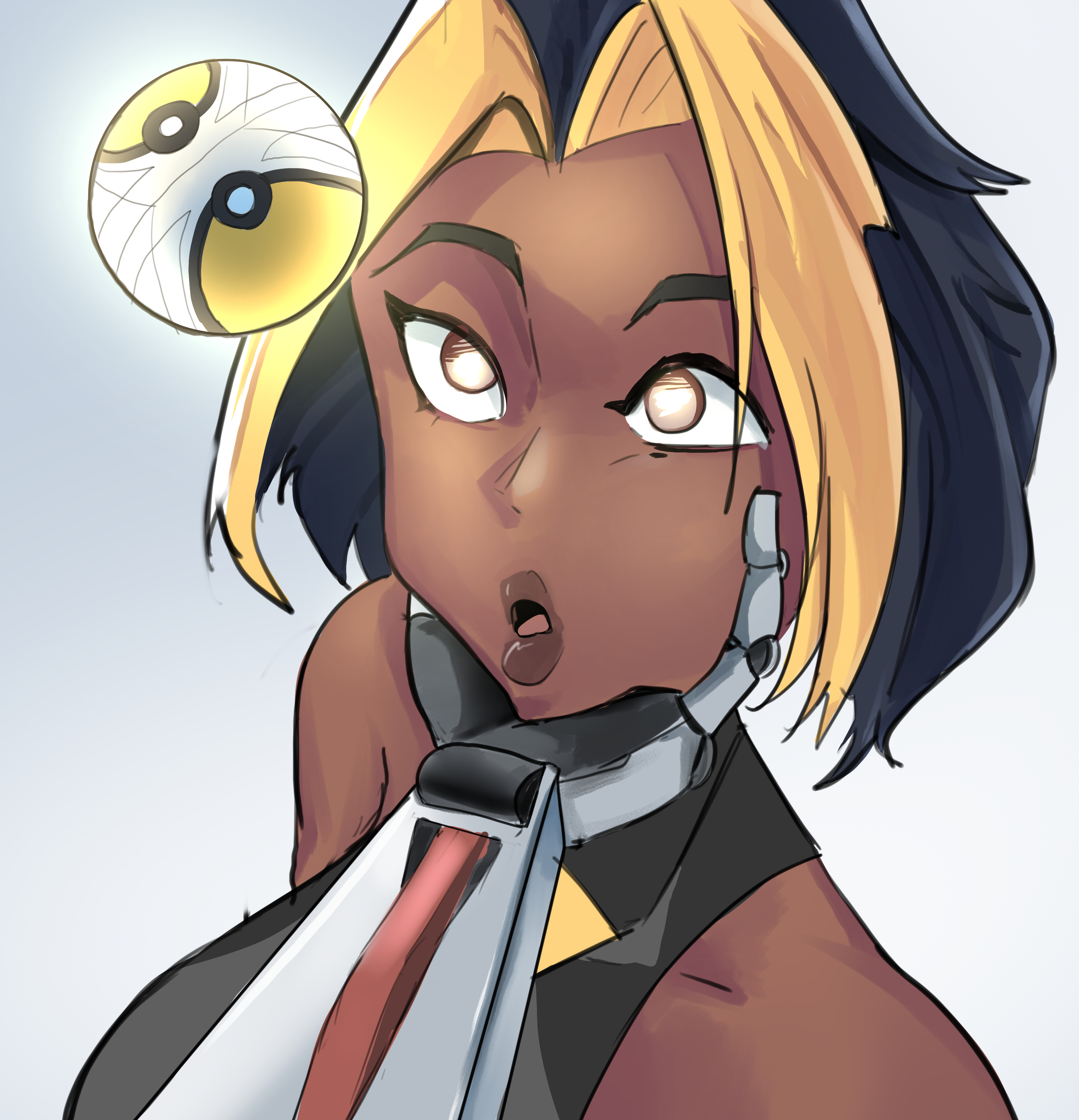 1girls, balls, dark skin, domina, empty eyes, female, female focus, femsub, glatu, glowing eyes, hand on another's cheek, hypnosis, large breasts, large lips, mind control, multicolored hair, open mouth, overwatch, short hair, tech control, white background, zenyatta