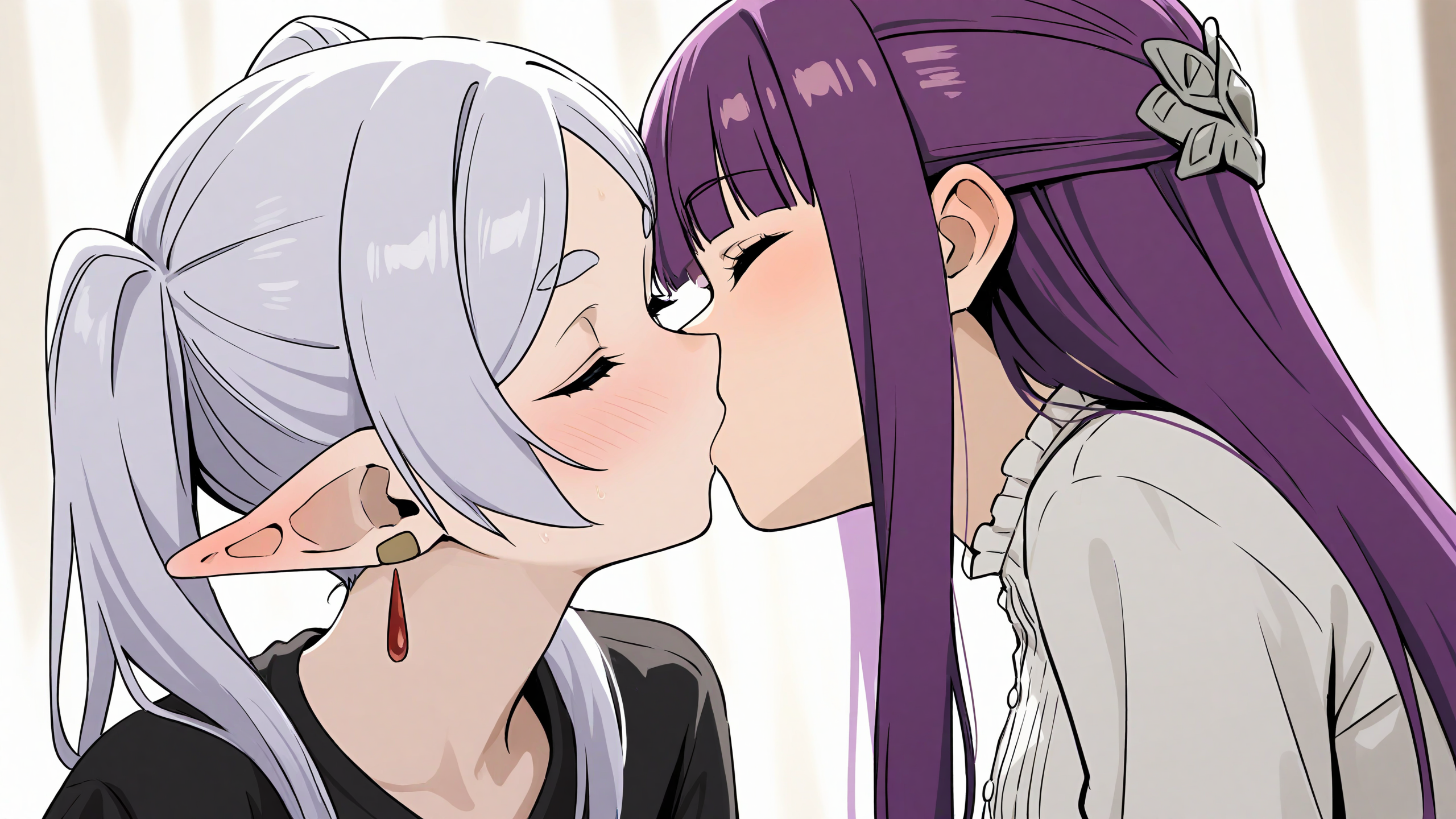 2girls, ai generated, bangs, blush, closed eyes, clothed, clothing, cute, eyebrows visible through hair, female, female only, fern (sousou no frieren), french kiss, french kissing, frieren, frieren beyond journey's end, frills, girls kissing, hair ornament, intimate, kissing, lesbian kiss, light skin, long hair, making out, multiple females, multiple girls, purple hair, self upload, sousou no frieren, white hair, yuri